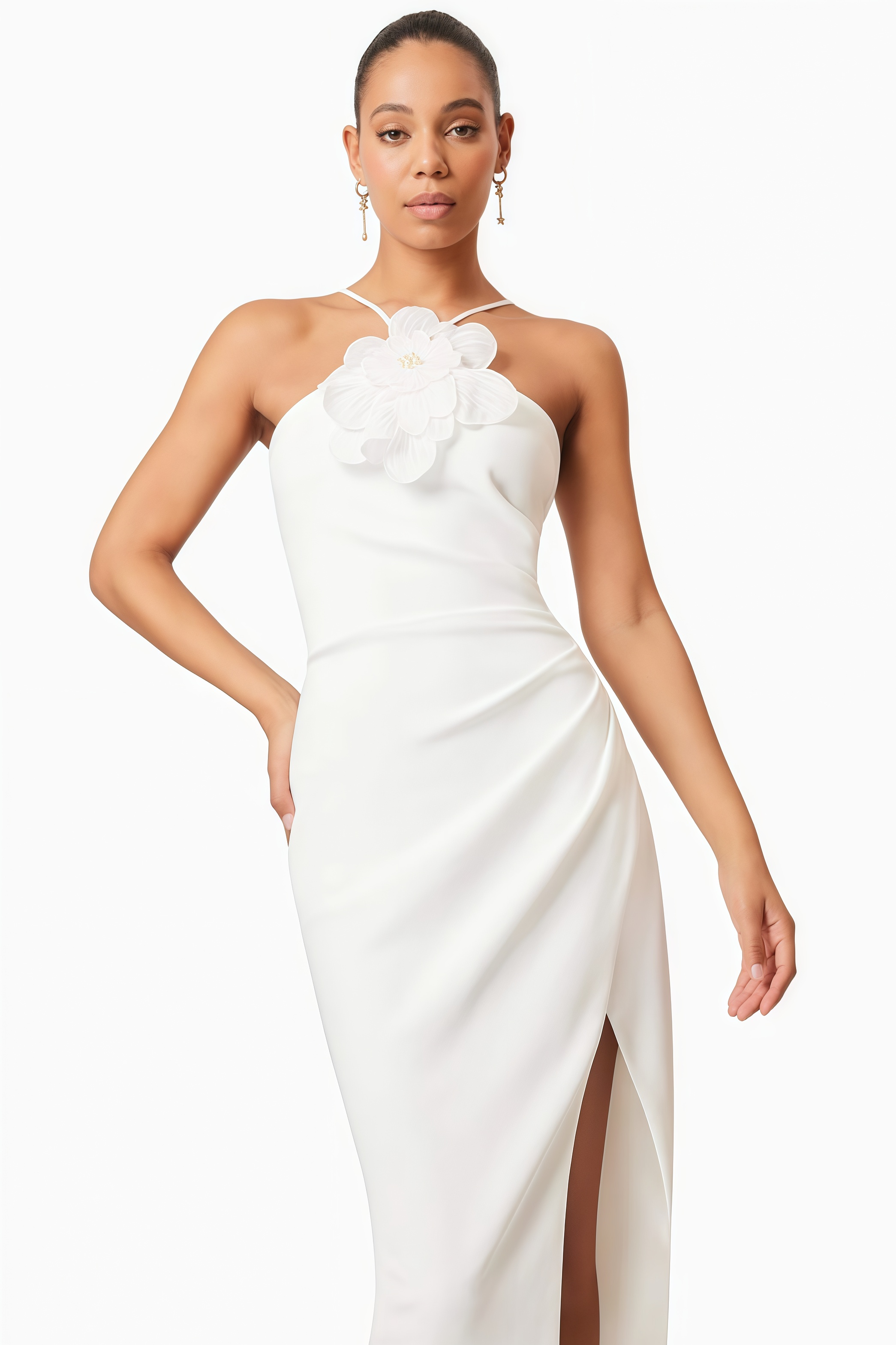 Kaelt White 3D Floral Midi Dress