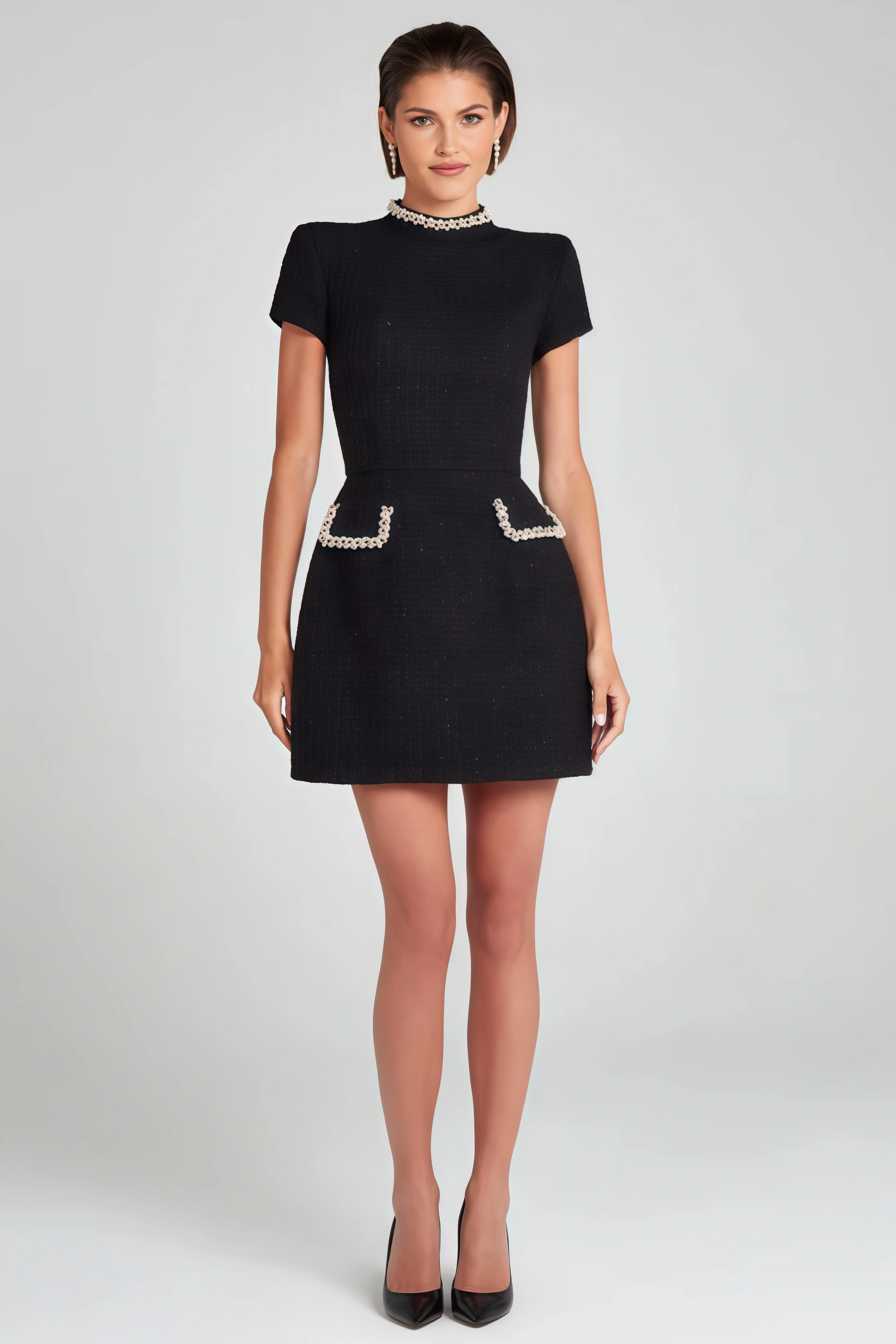 Fifer Black Beaded Chambray Mini Dress