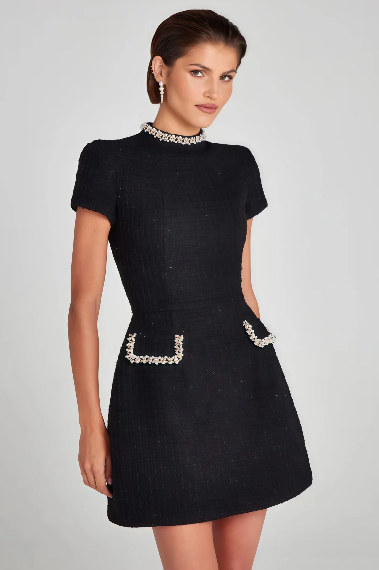 Fifer Black Beaded Chambray Mini Dress