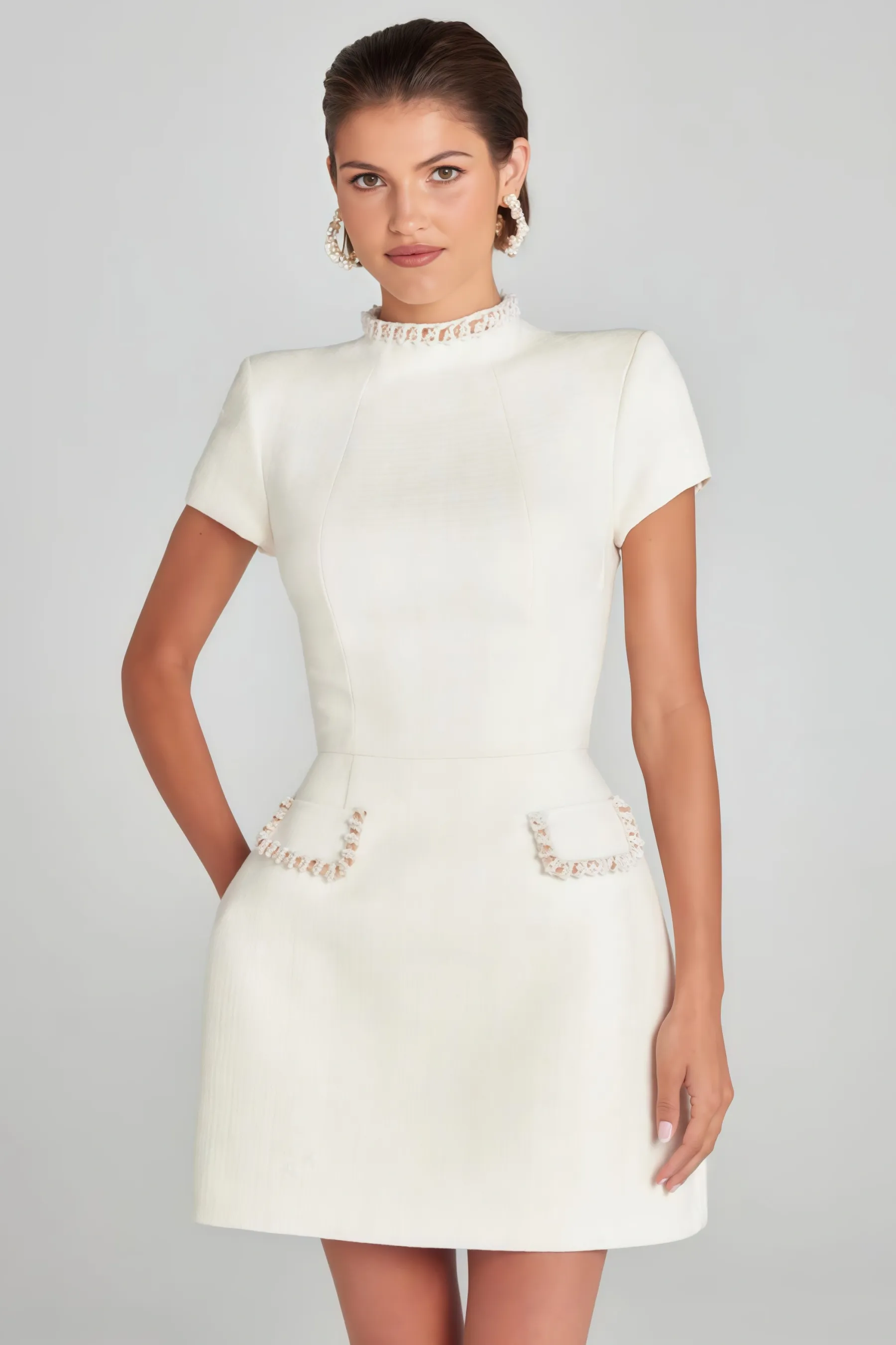 Adela White Beaded Chambray Mini Dress