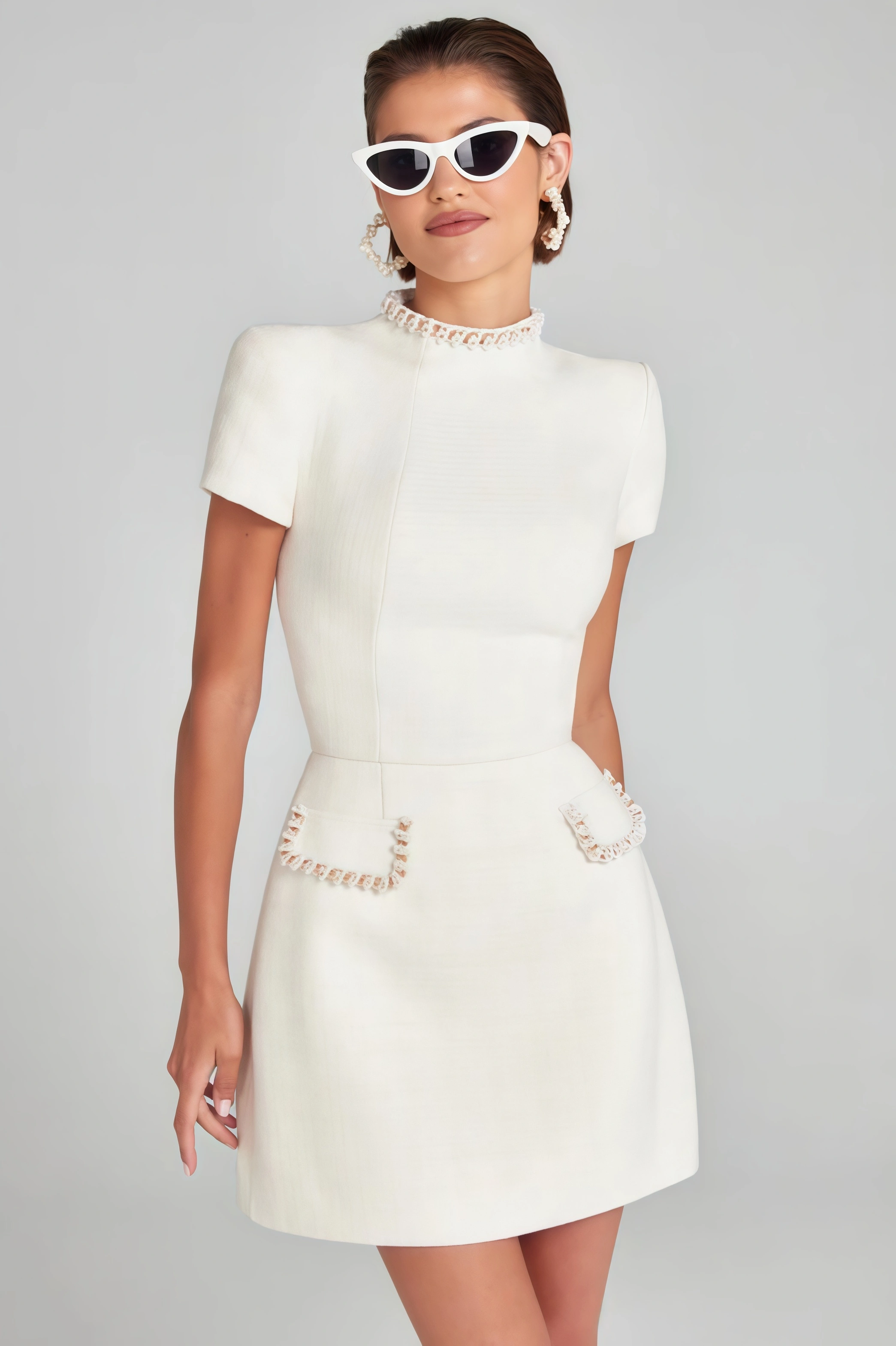 Adela White Beaded Chambray Mini Dress