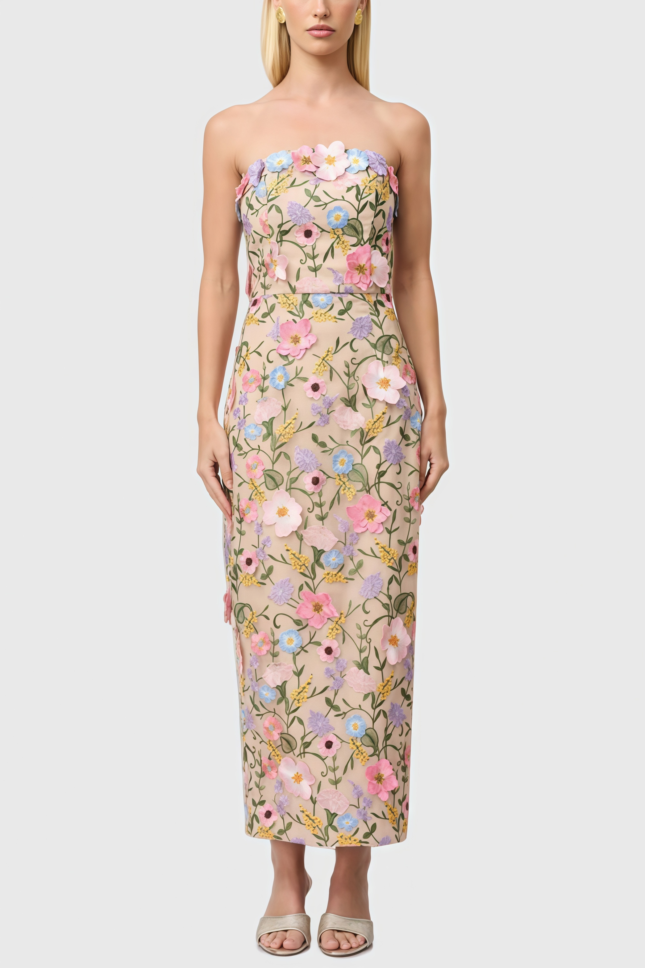 Eddek Strapless Floral Midi Dress
