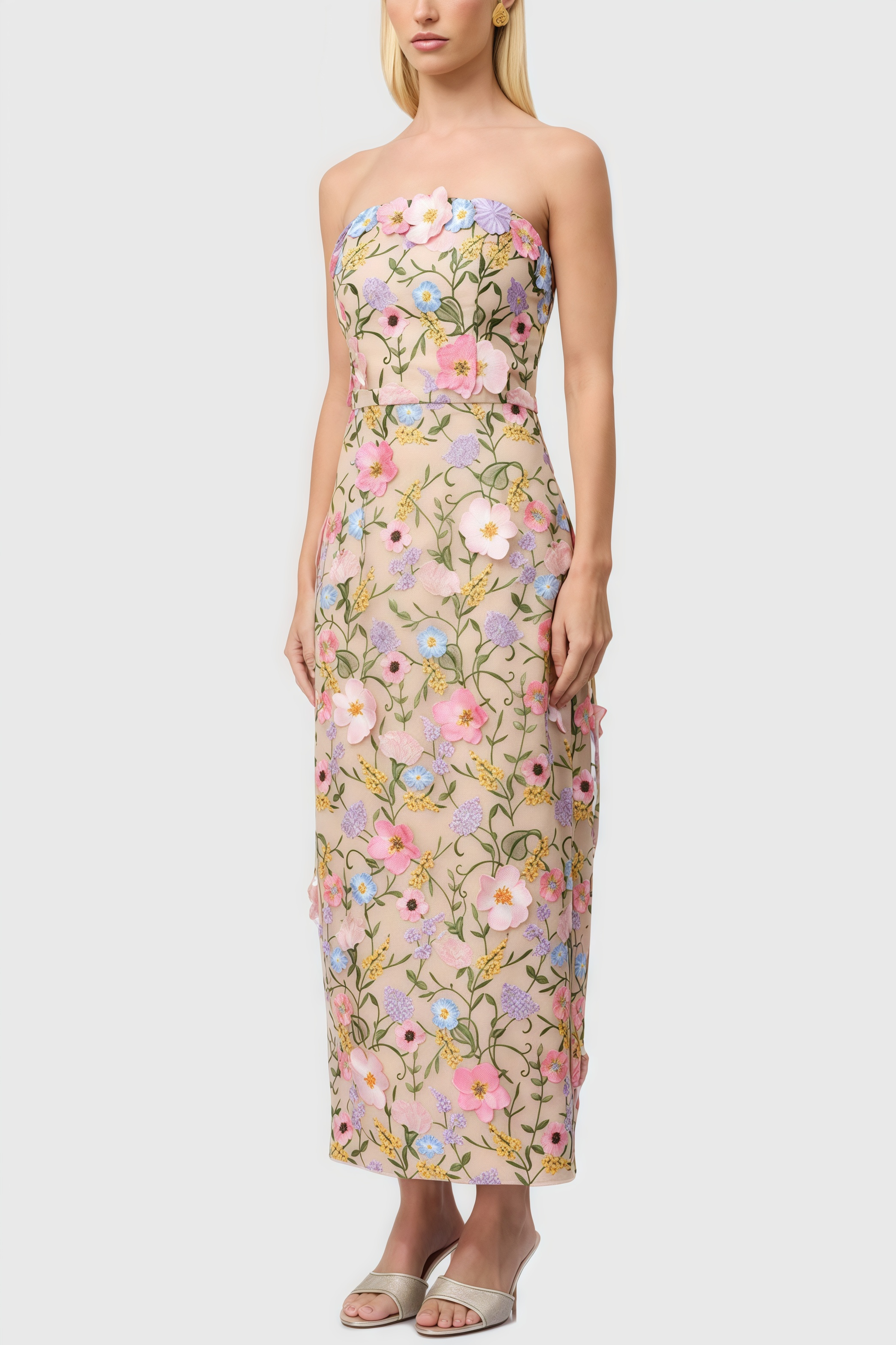 Eddek Strapless Floral Midi Dress