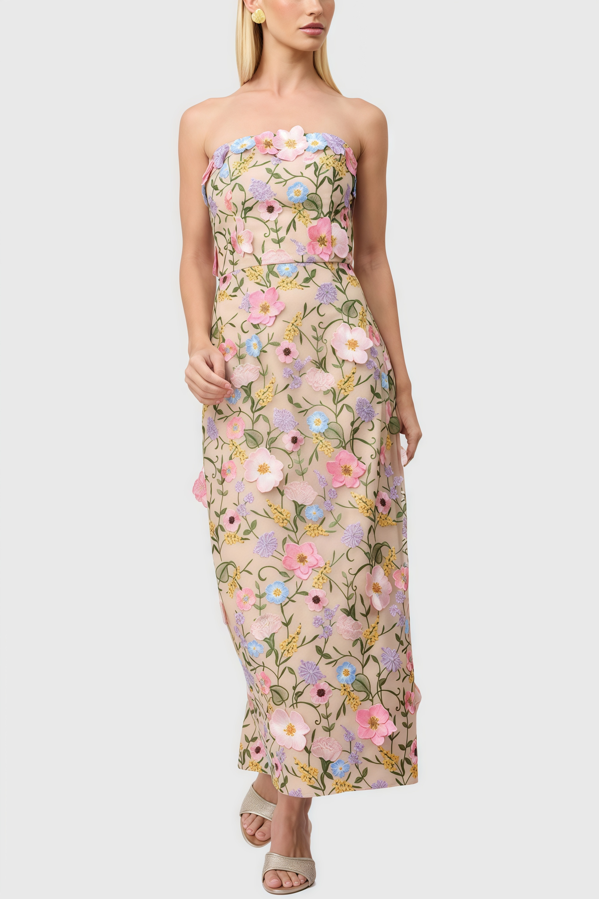 Eddek Strapless Floral Midi Dress