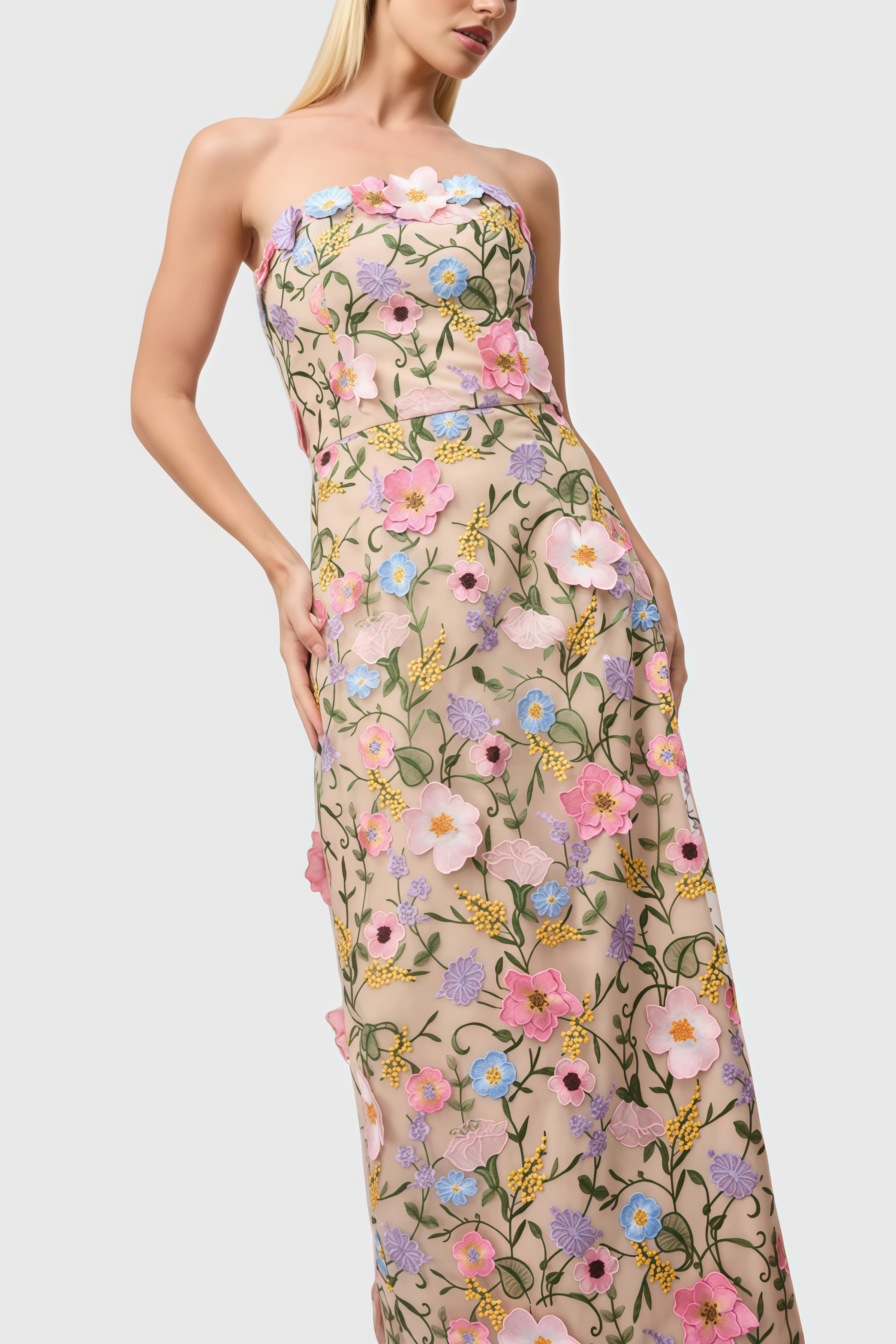 Eddek Strapless Floral Midi Dress