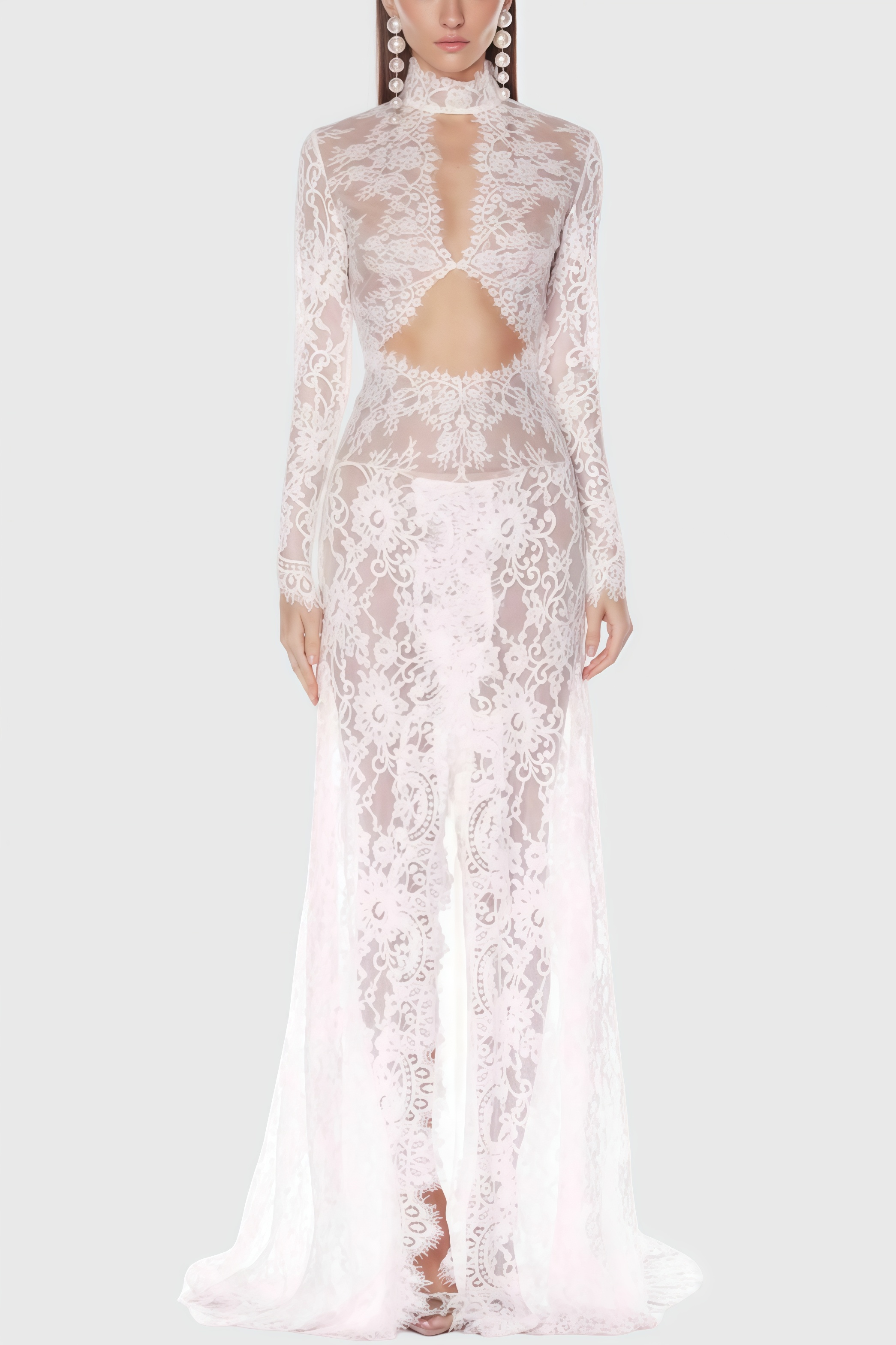 Solatk White Lace Slit Maxi Dress