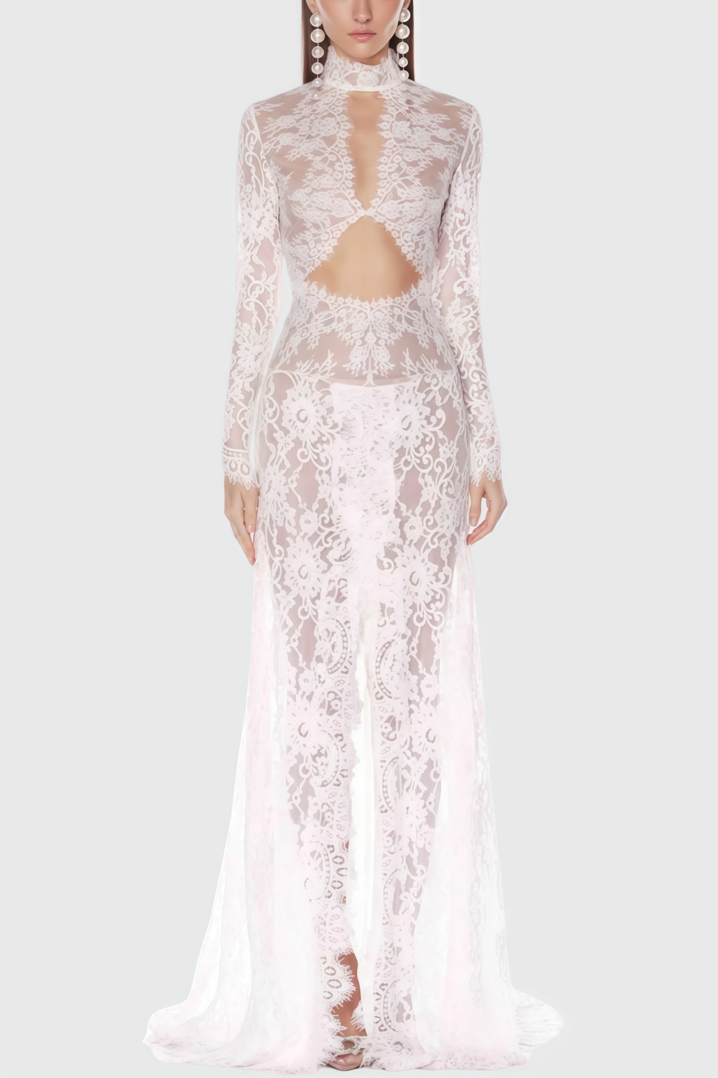 Solatk White Lace Slit Maxi Dress