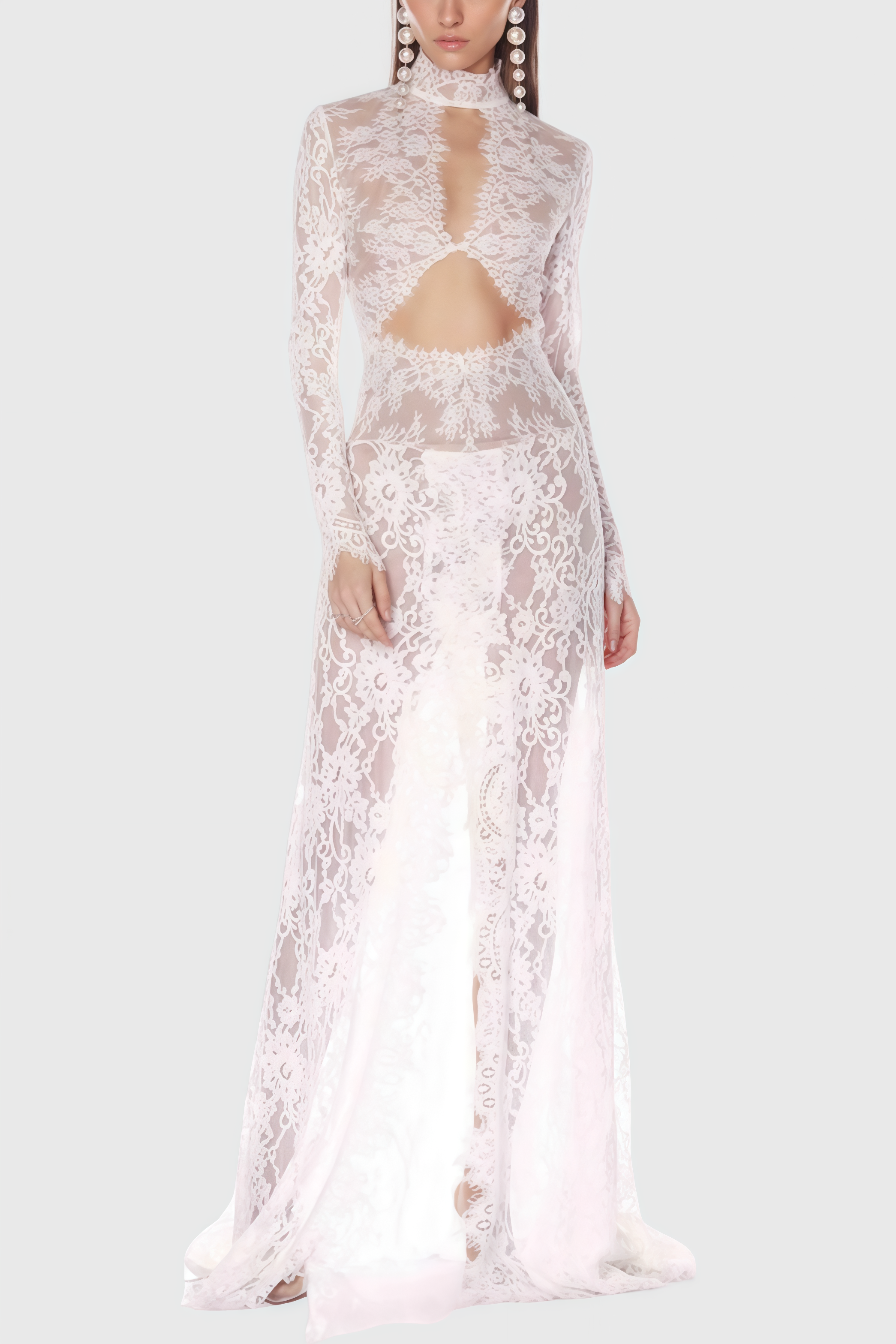 Solatk White Lace Slit Maxi Dress