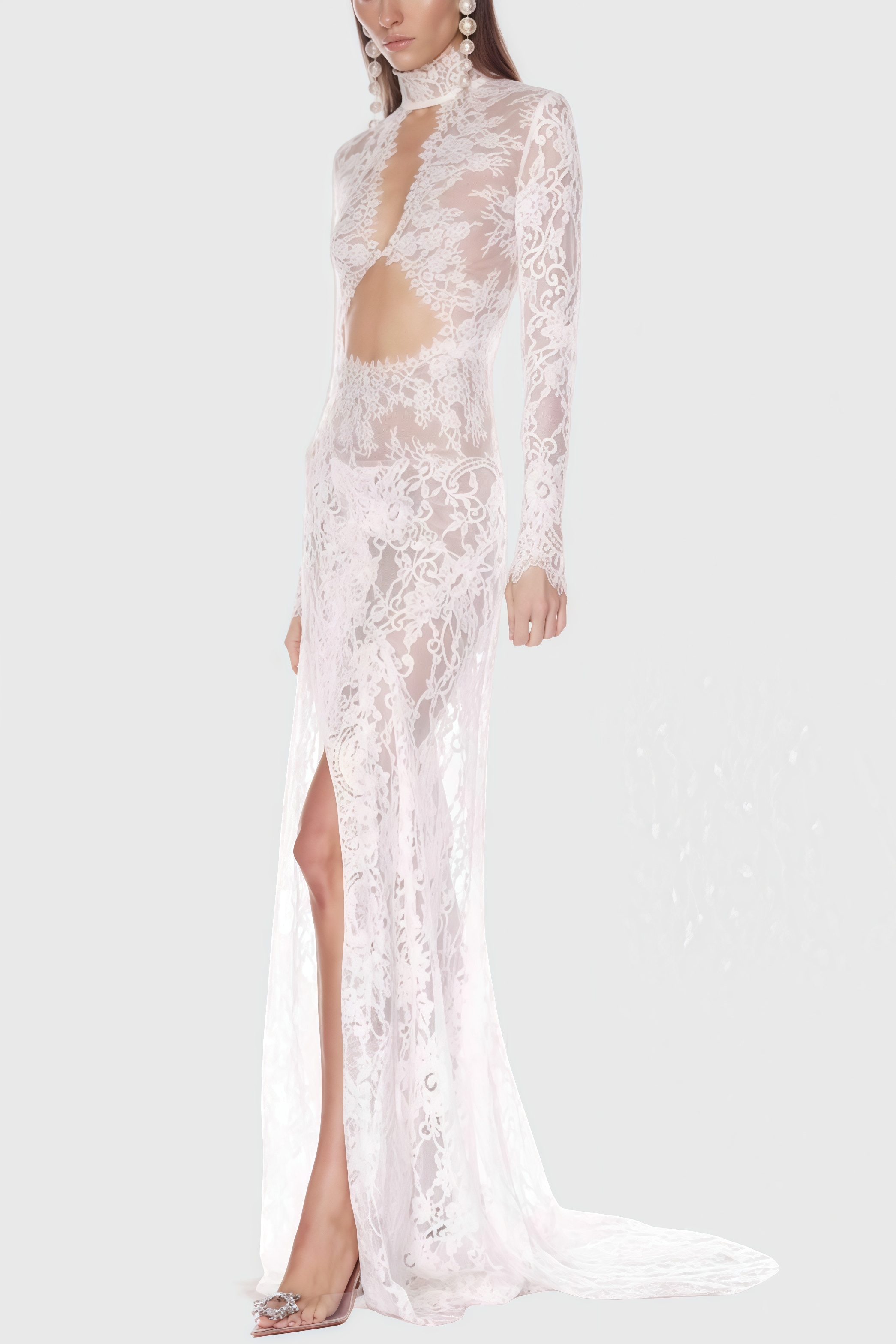 Solatk White Lace Slit Maxi Dress