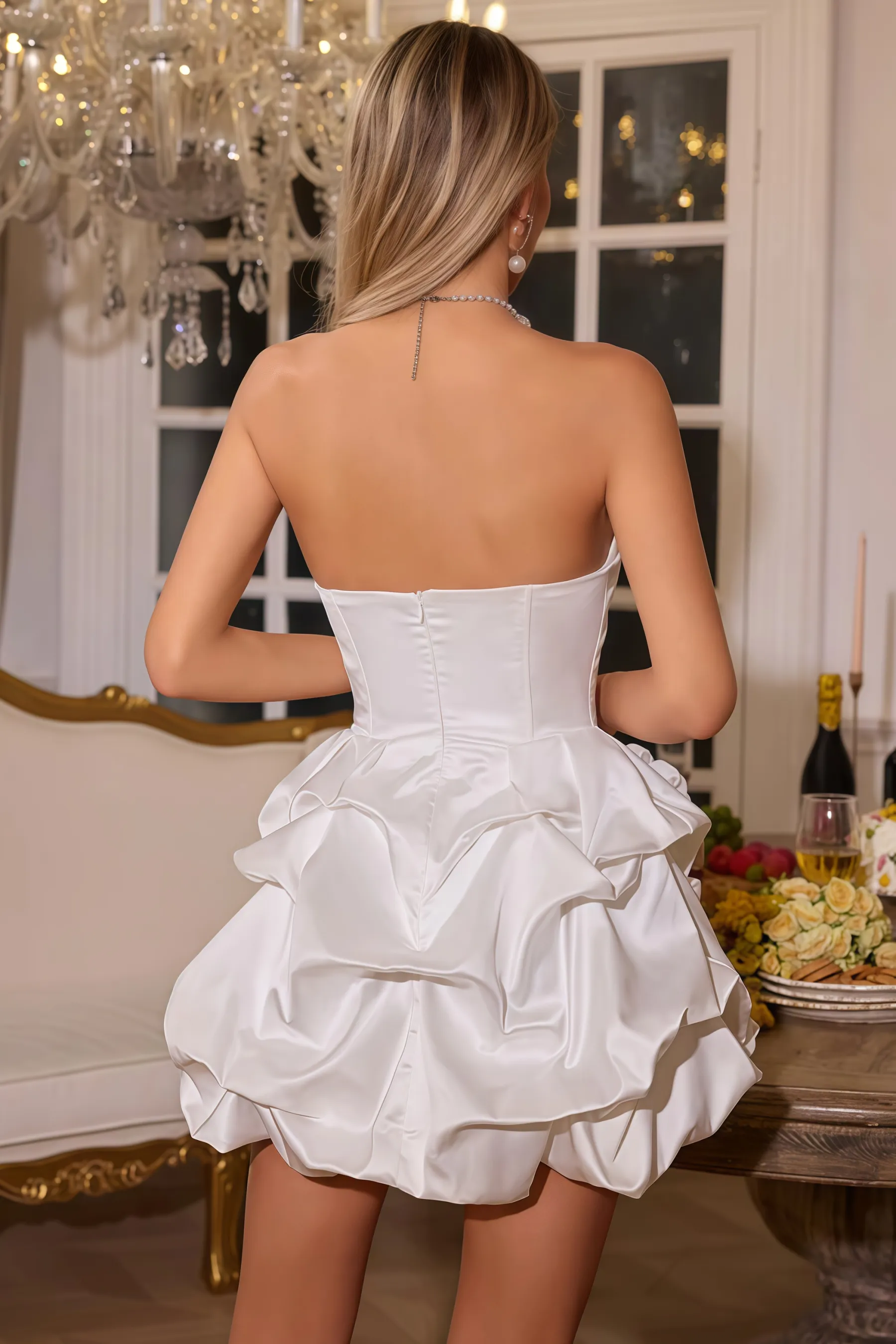 Pax Strapless Flower Satin Mini Dress