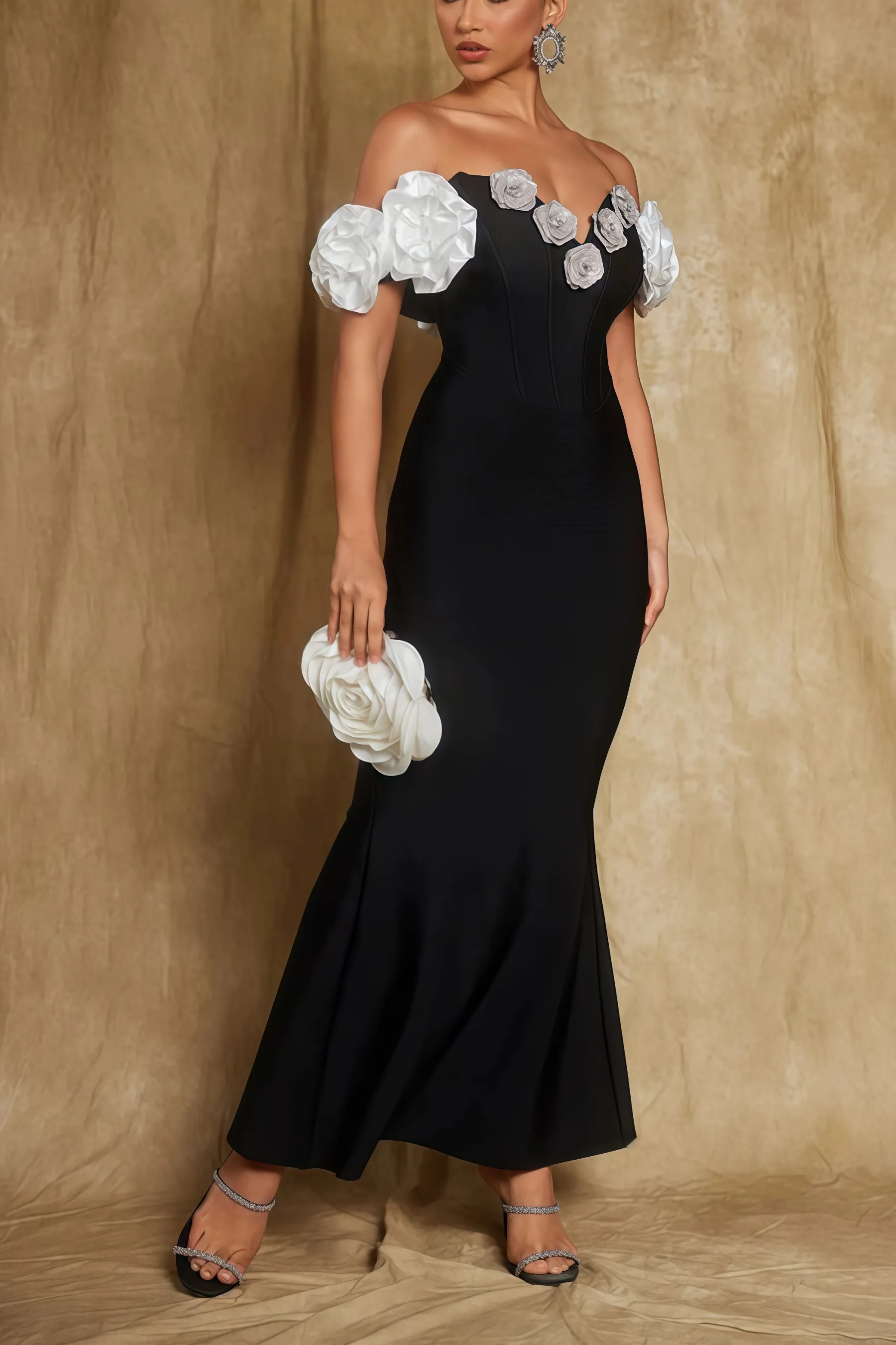 Evian Off Shoulder Flower Bandage Maxi Dress
