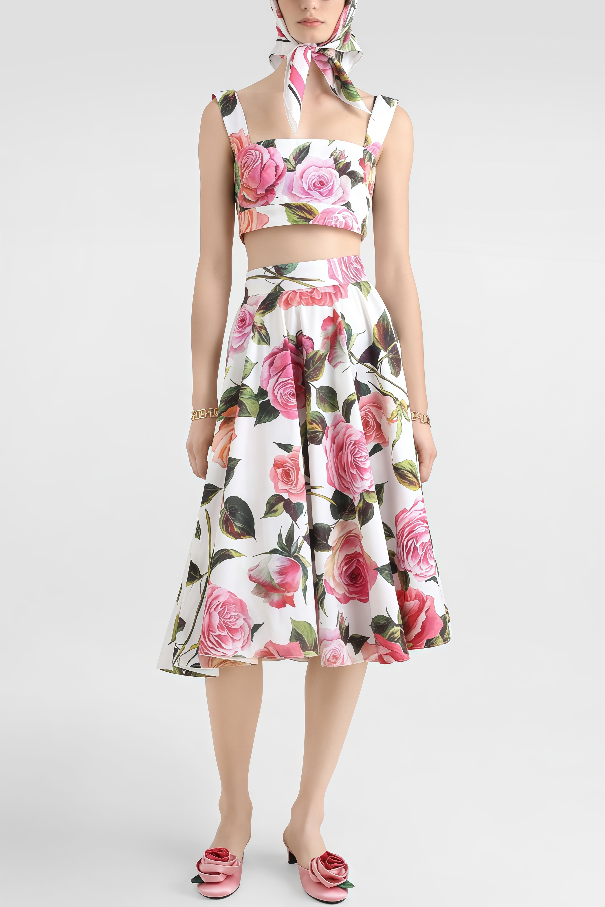 Leona Pink Top Rose Print Midi Dress Set