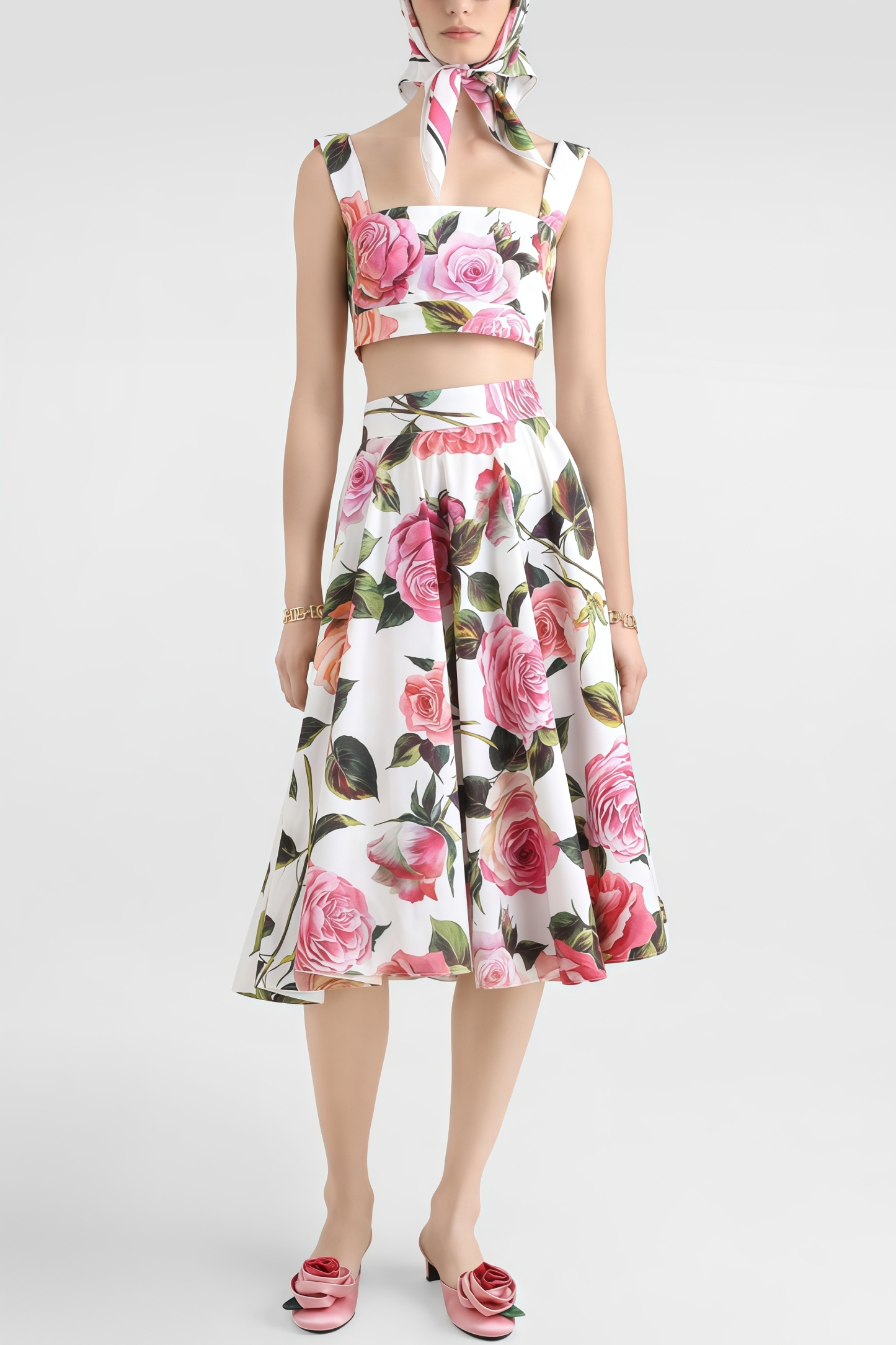 Leona Pink Top Rose Print Midi Dress Set