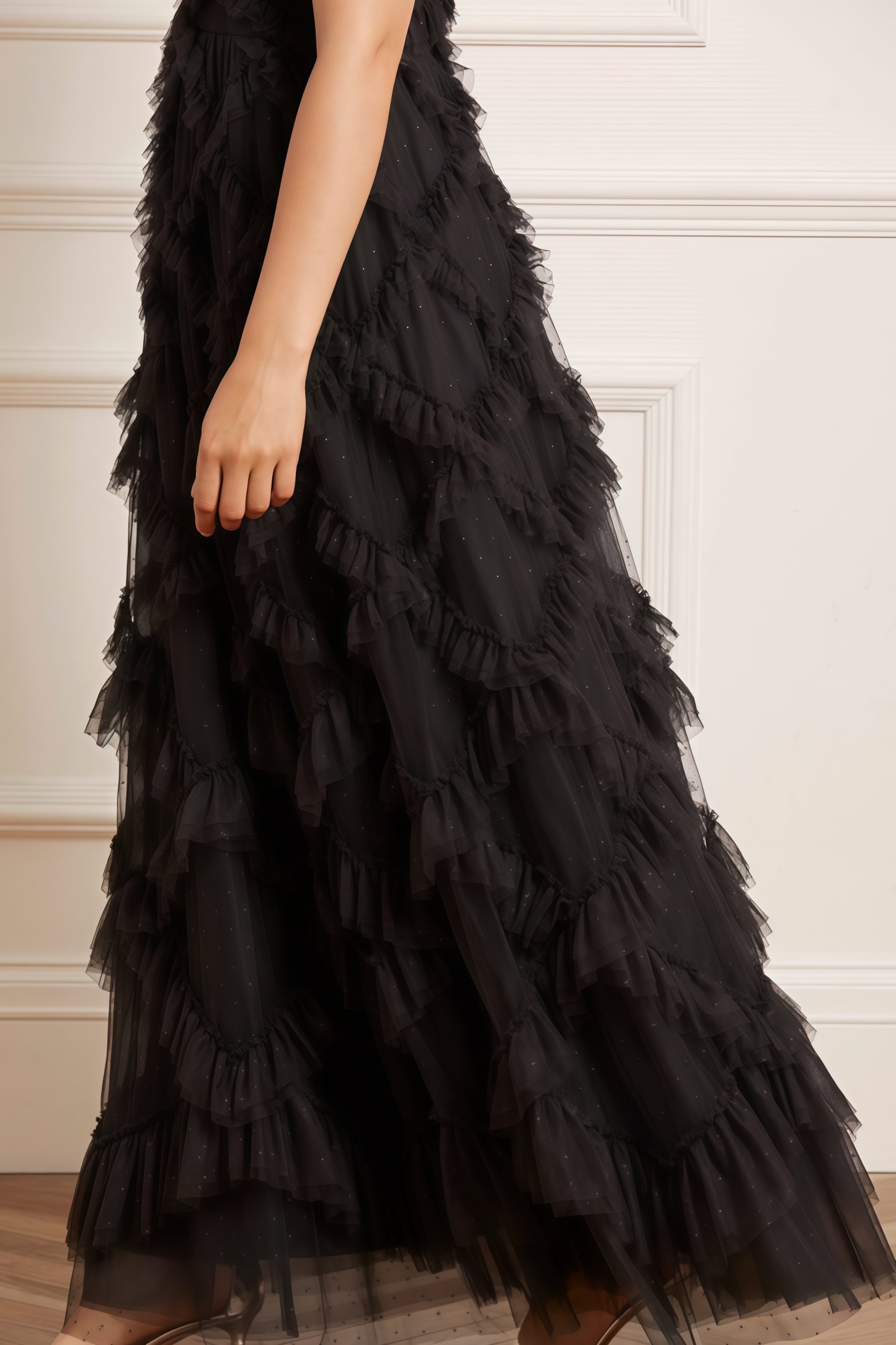 Vega Black Mesh Ruffle Maxi Dress