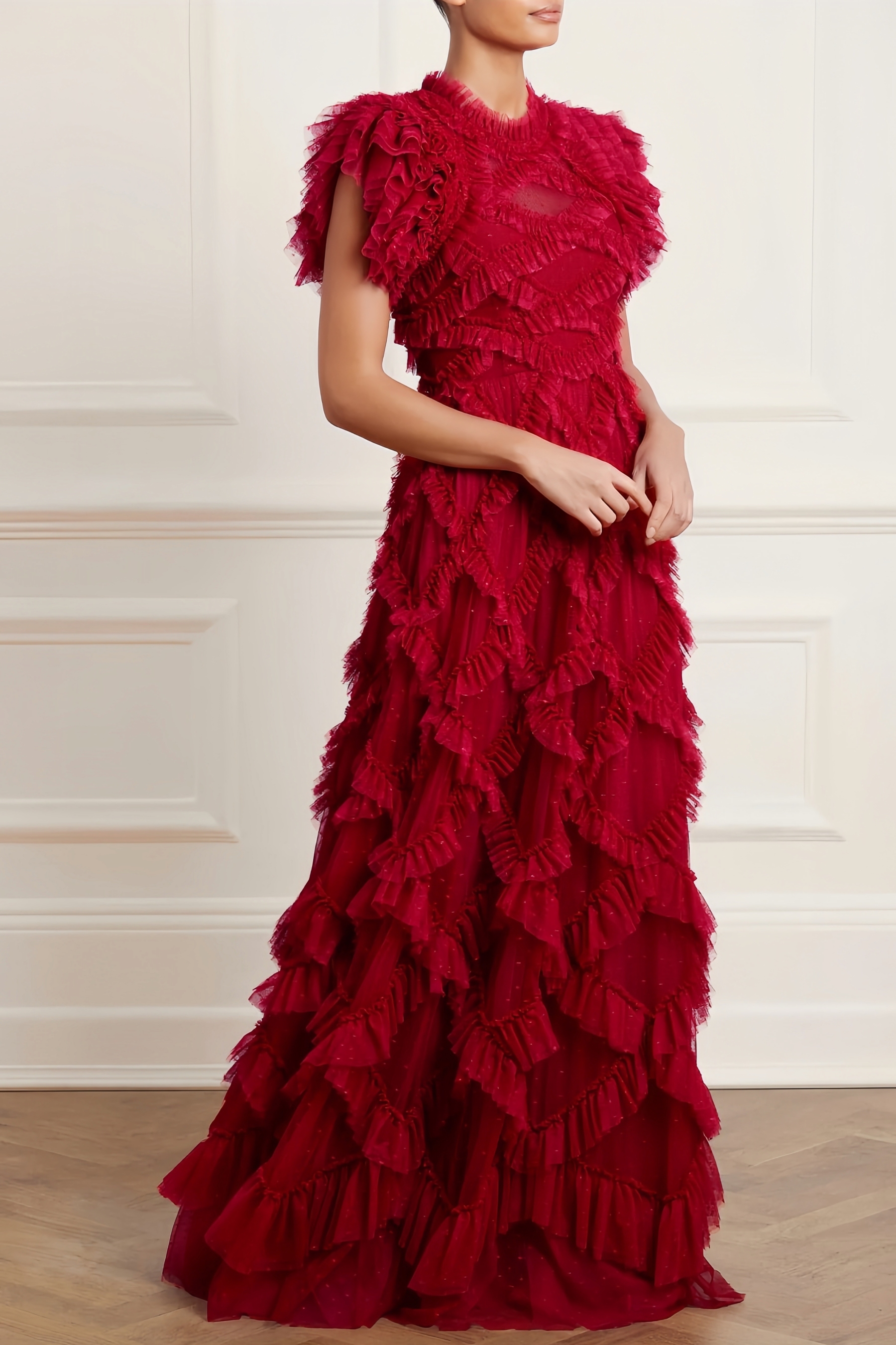 Luni Red Ruffle Lace Maxi Dress