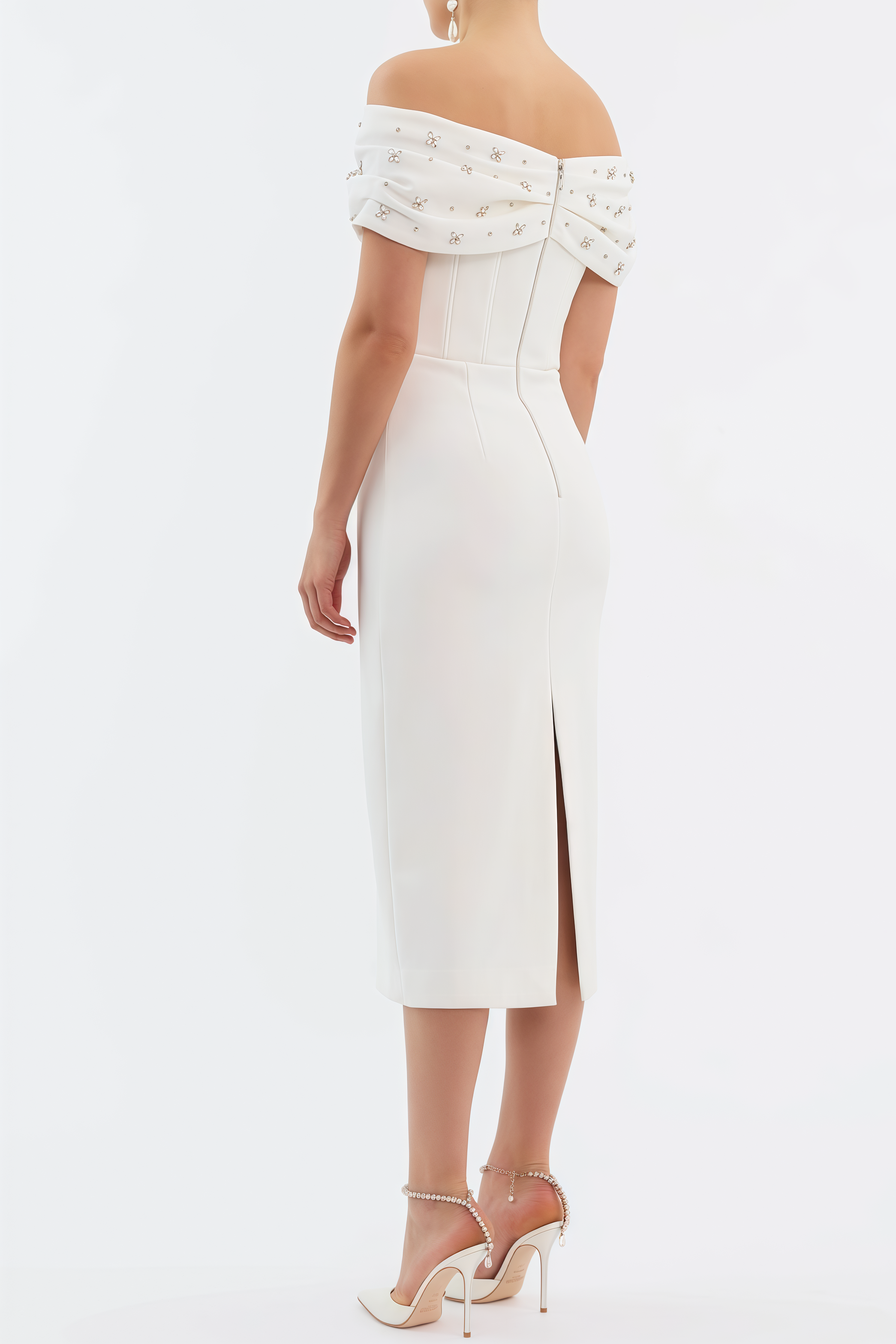 Zivaf White Beaded Rhinestone Midi Dress