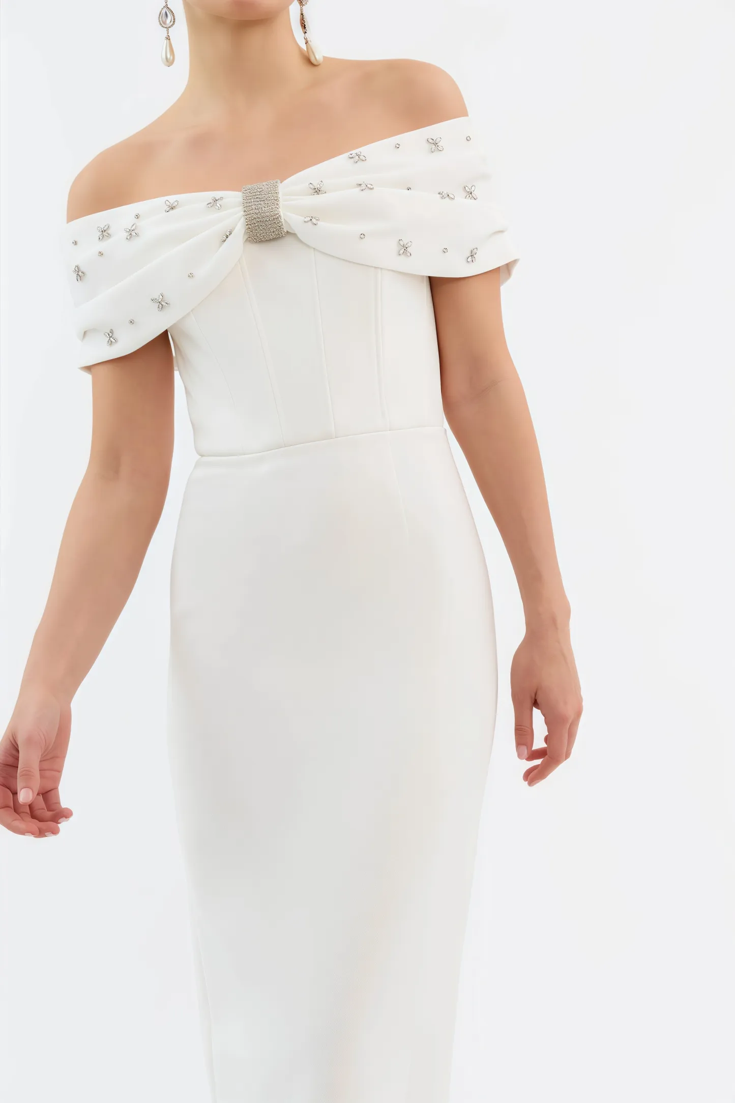 Zivaf White Beaded Rhinestone Midi Dress