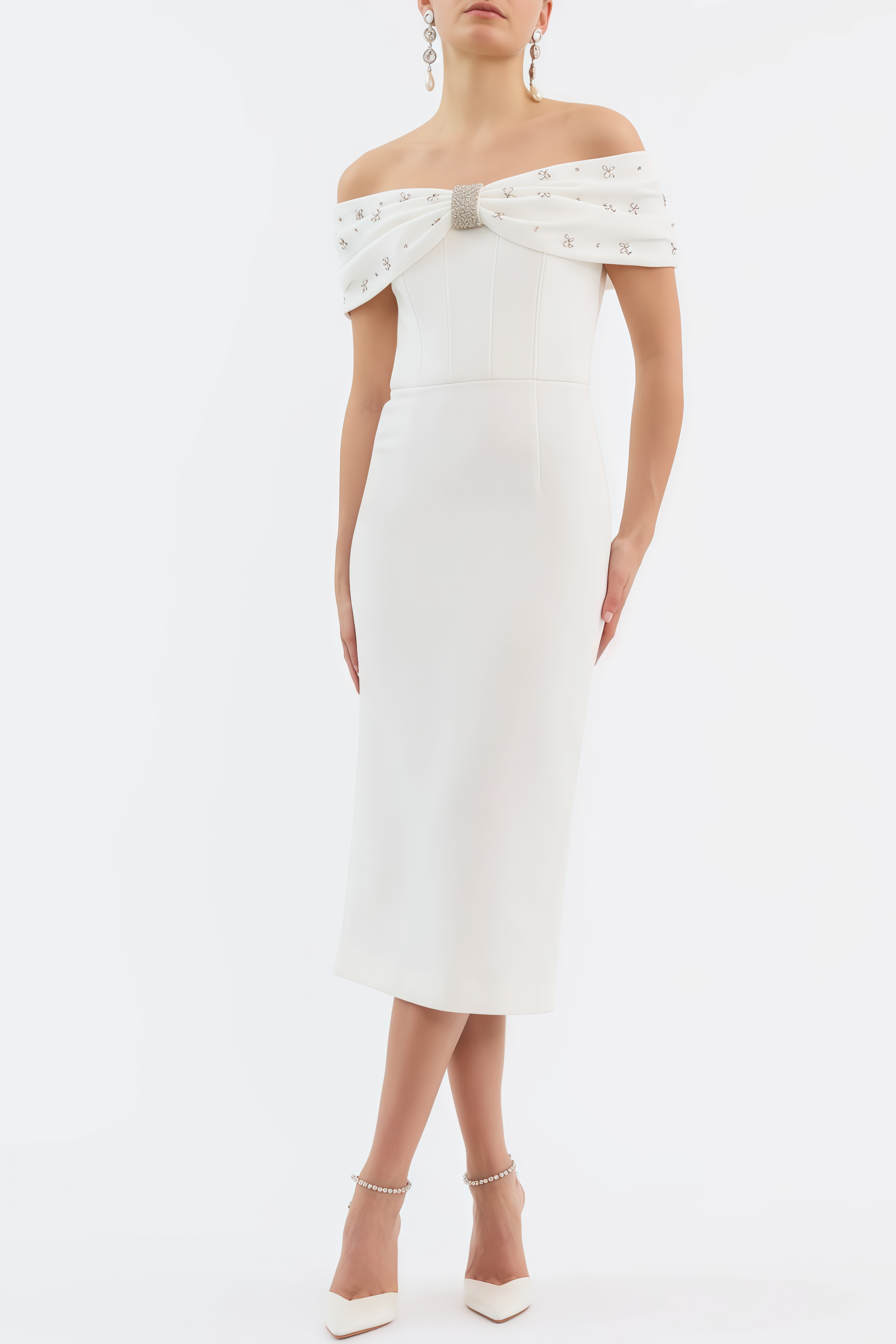 Zivaf White Beaded Rhinestone Midi Dress