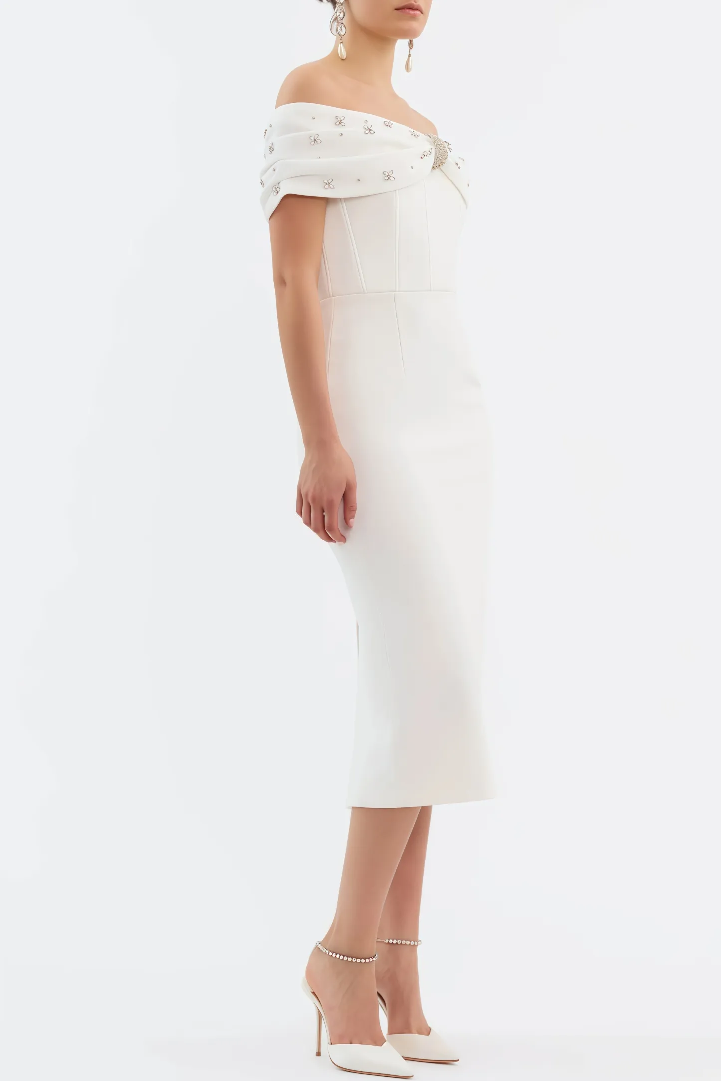 Zivaf White Beaded Rhinestone Midi Dress