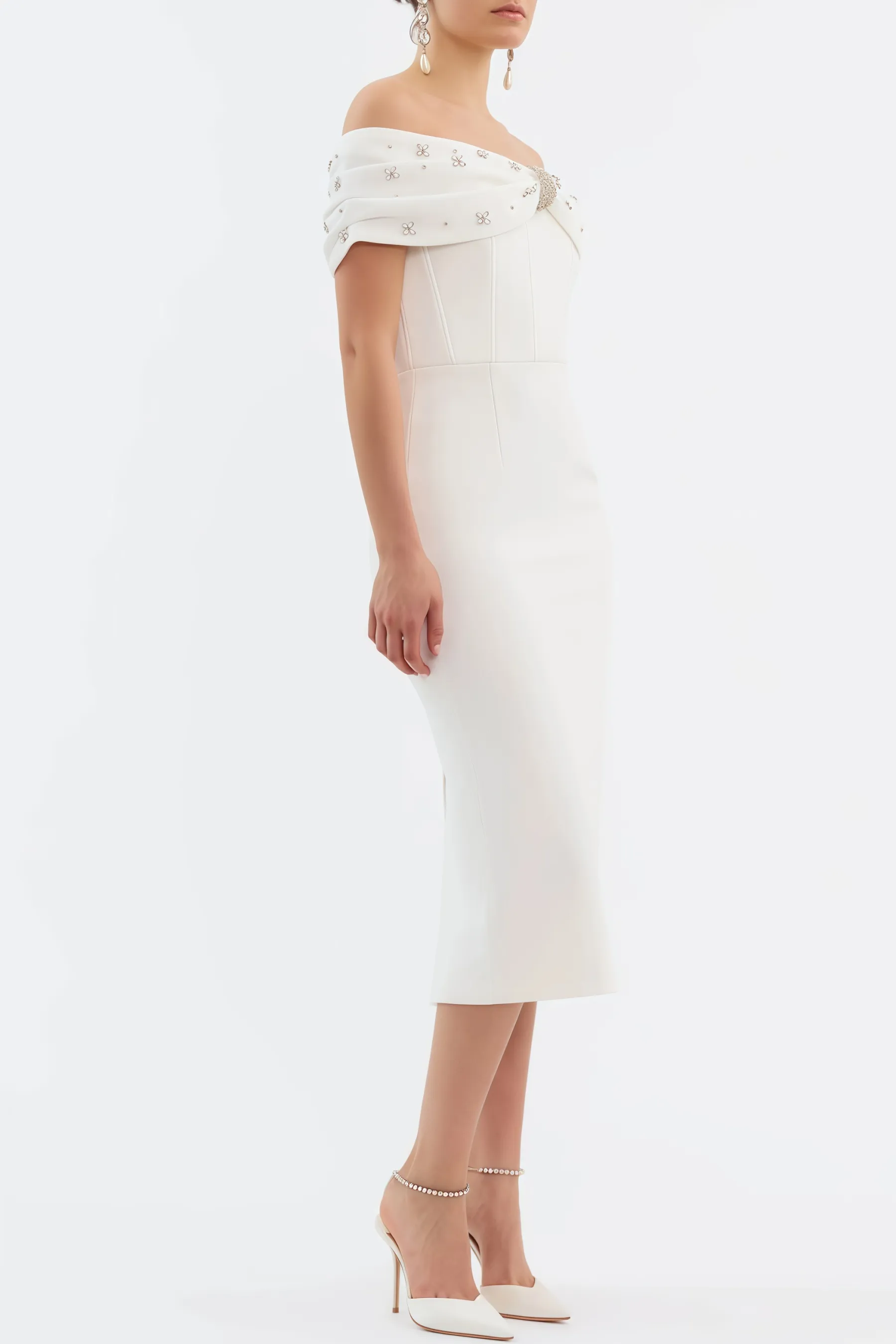 Zivaf White Beaded Rhinestone Midi Dress