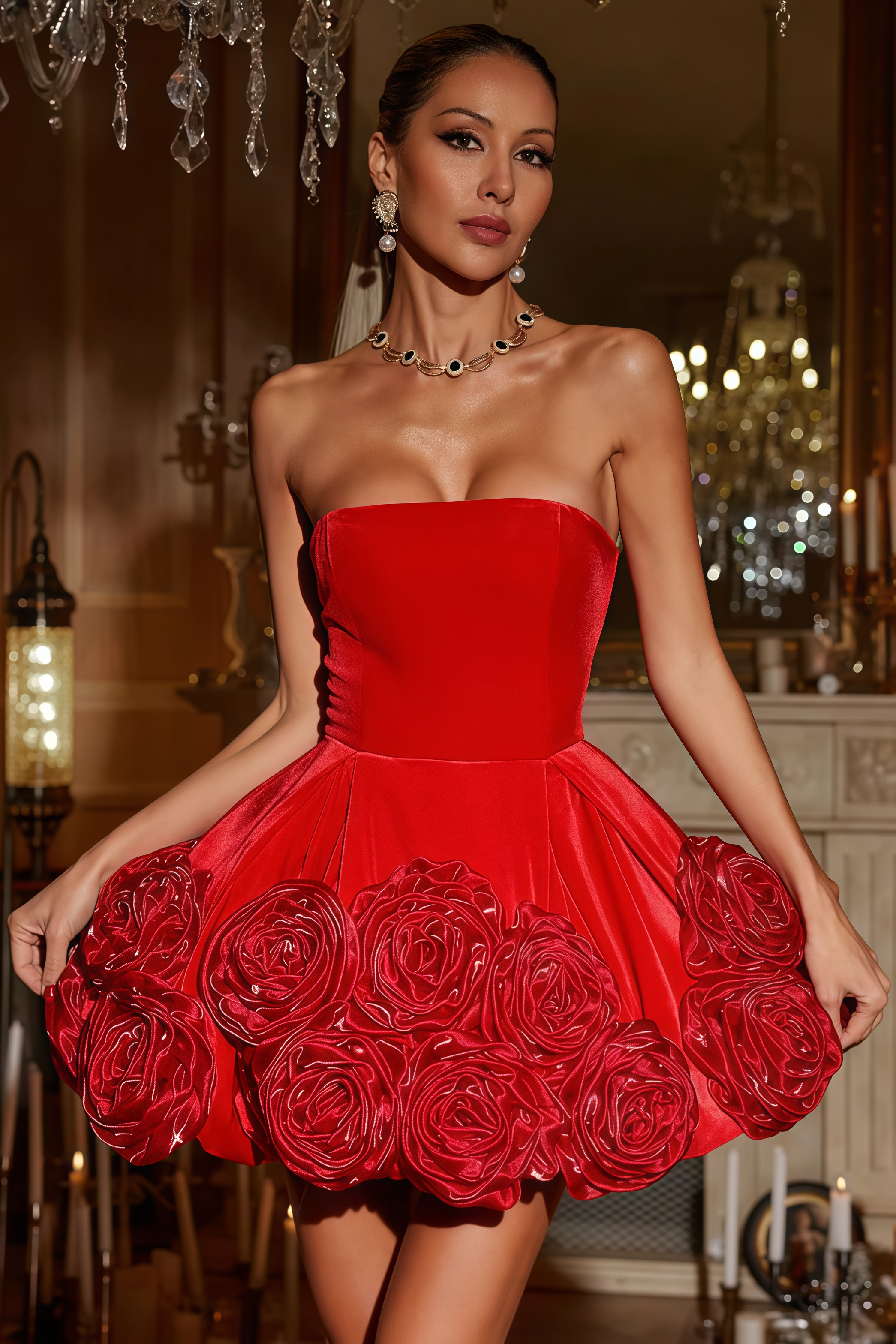 Dalia Strapless Flower Velvet Mini Dress