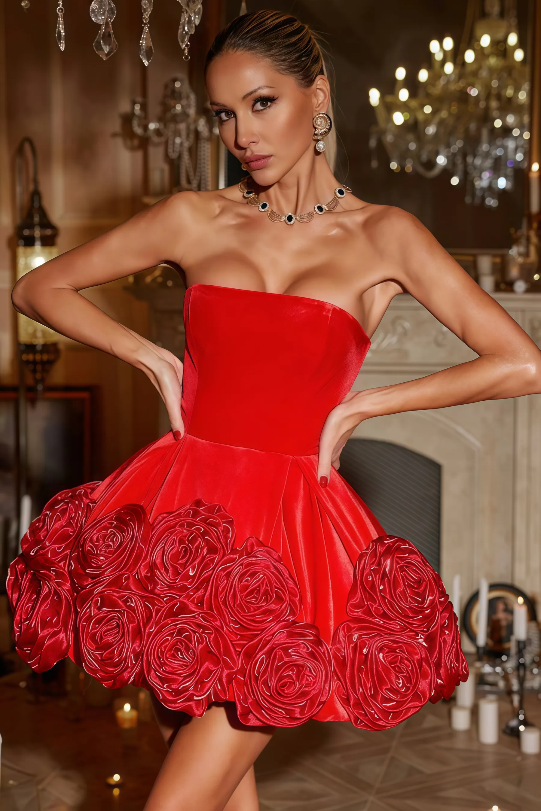 Dalia Strapless Flower Velvet Mini Dress