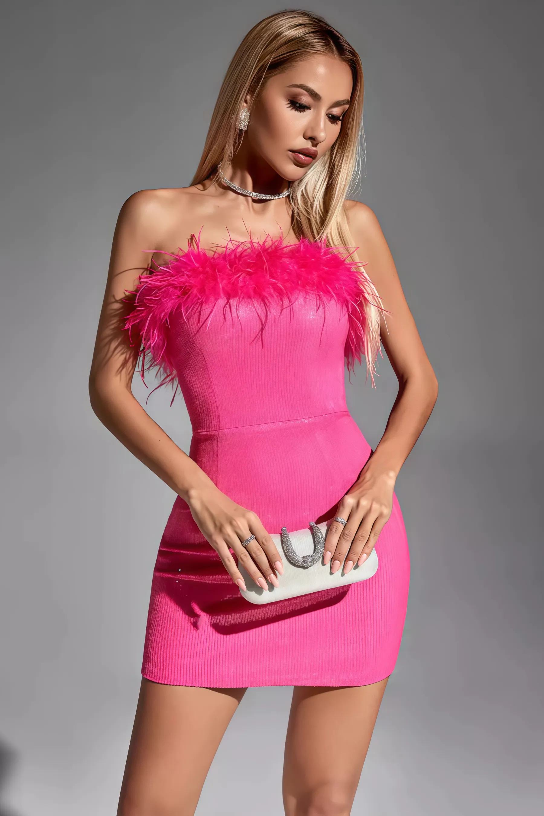 Oricalk Pink Feather Mini Dress