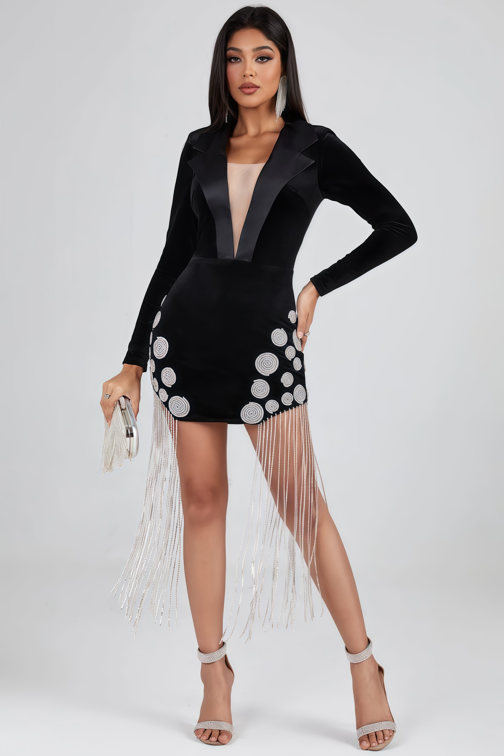 Mavis Crystal Fringe Velvet Blazer Mini Dress