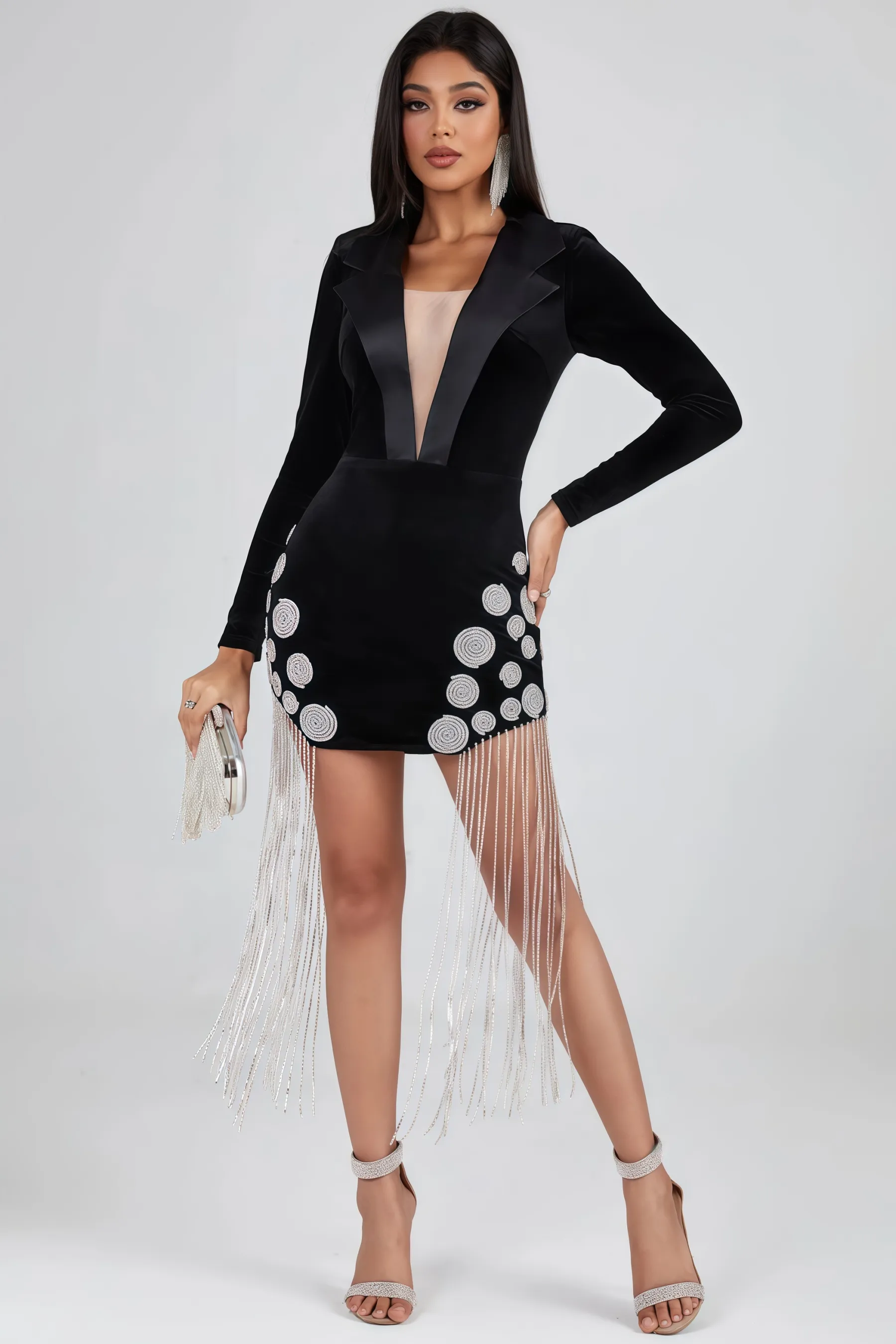 Mavis Crystal Fringe Velvet Blazer Mini Dress