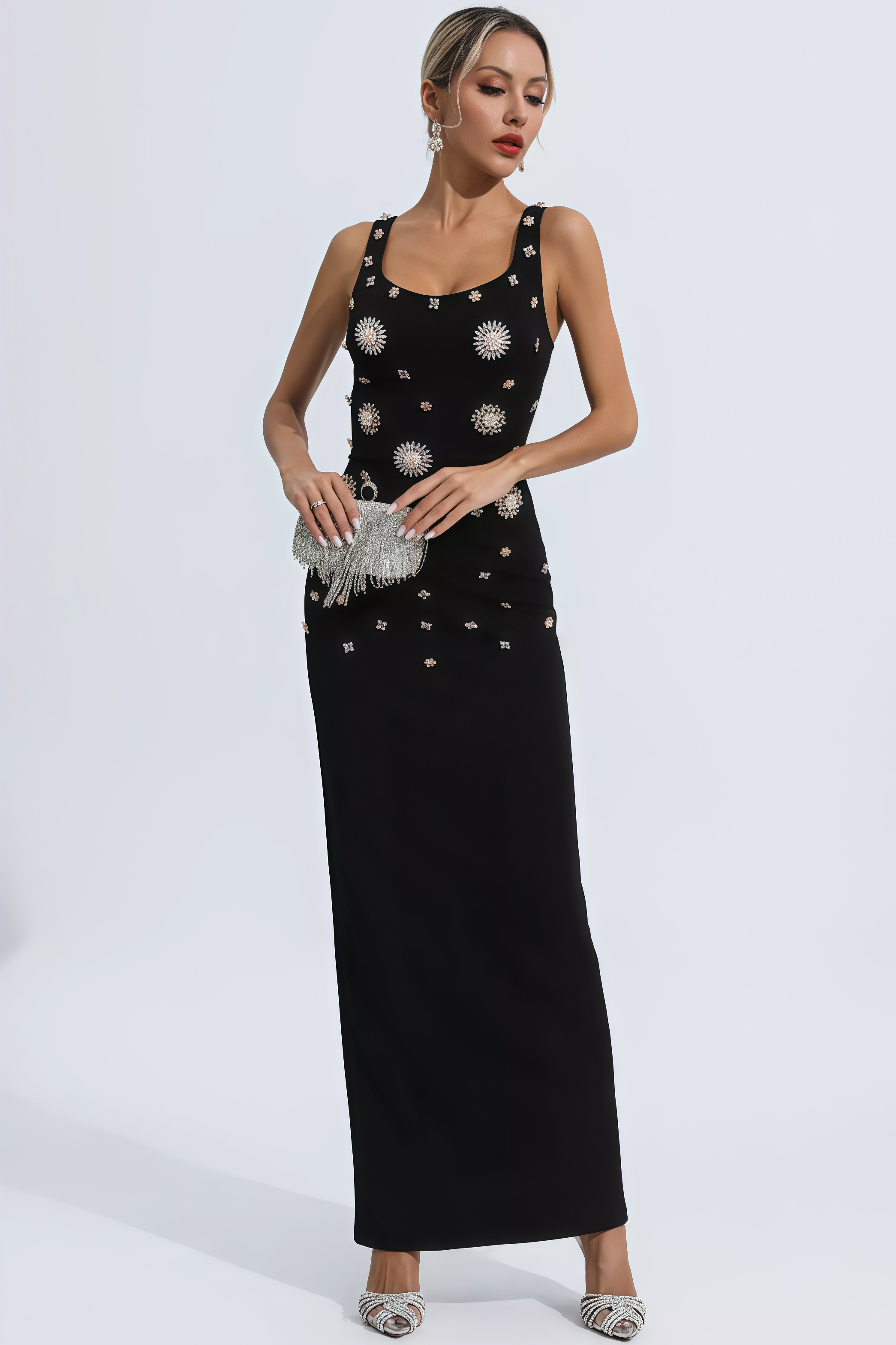 Ysolly Hadlee Black Embellished Diamond Maxi Dress