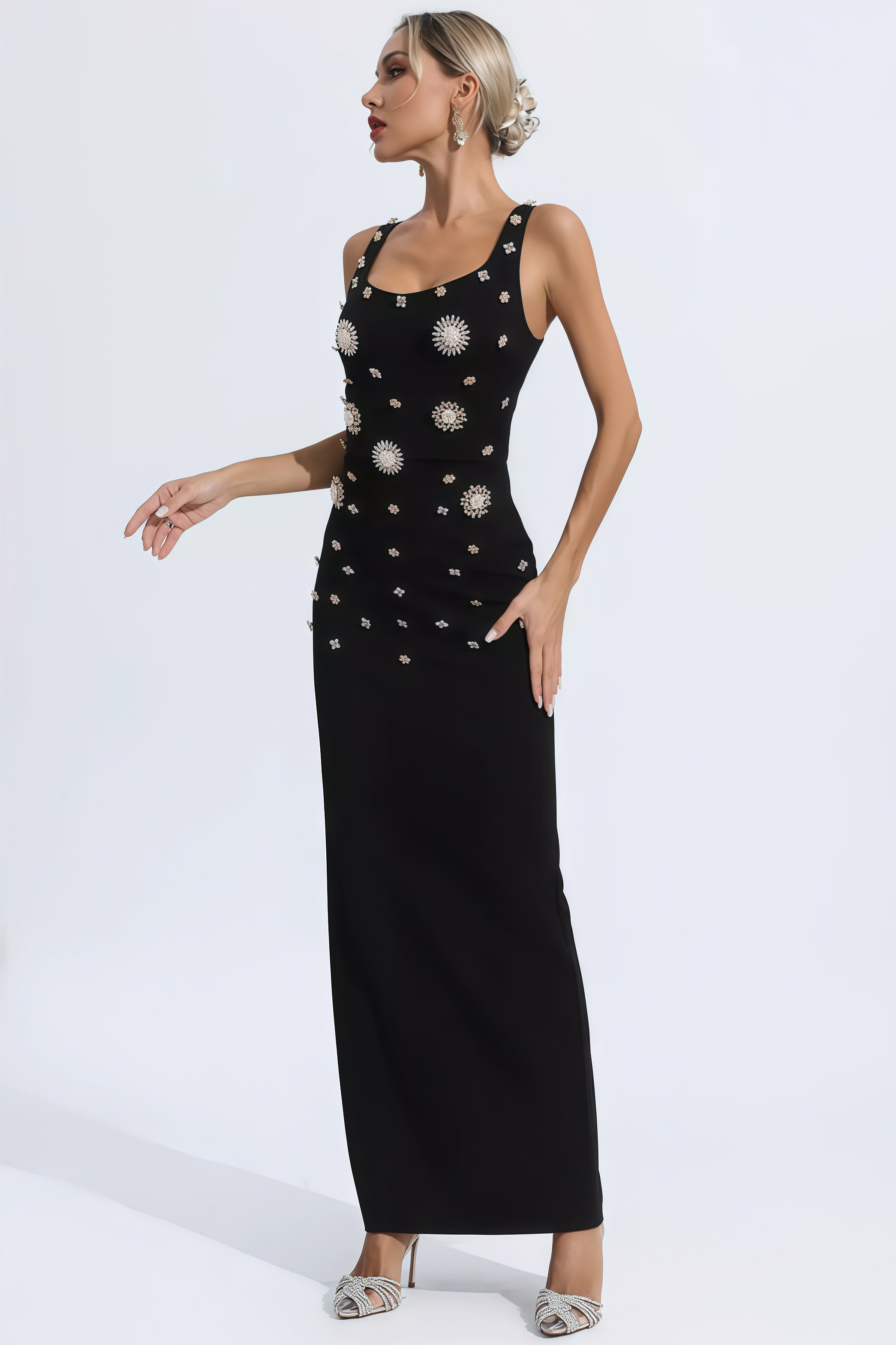 Ysolly Hadlee Black Embellished Diamond Maxi Dress