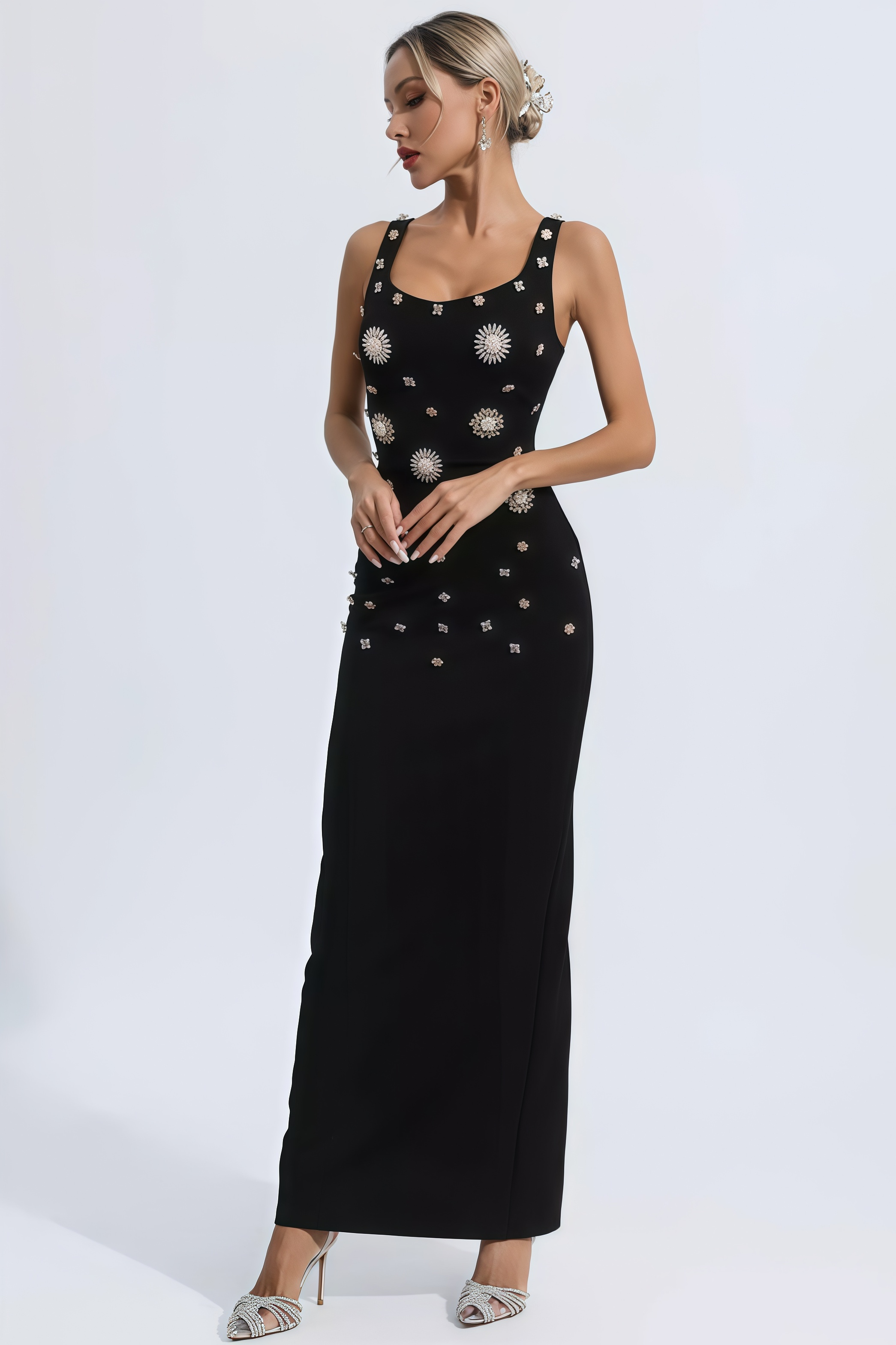 Ysolly Hadlee Black Embellished Diamond Maxi Dress