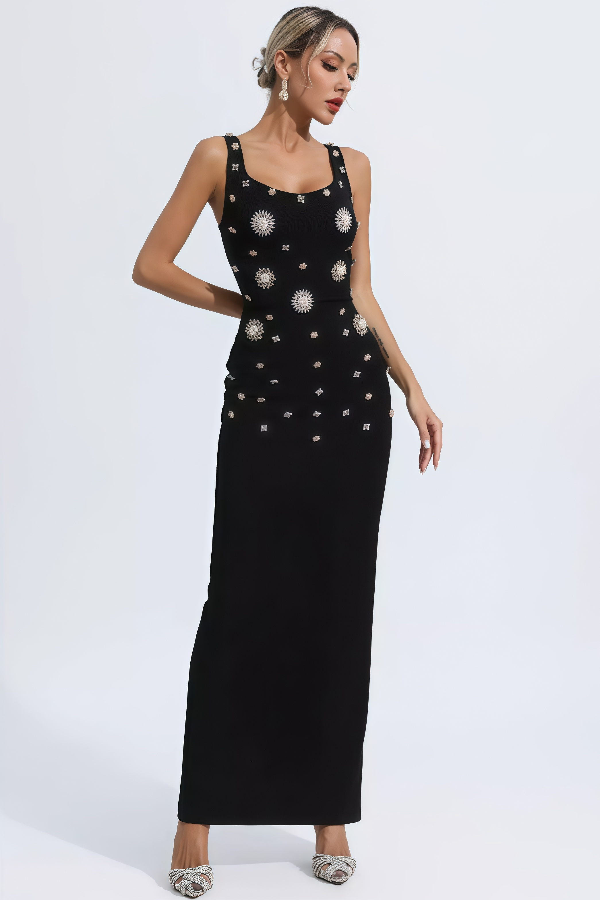 Ysolly Hadlee Black Embellished Diamond Maxi Dress