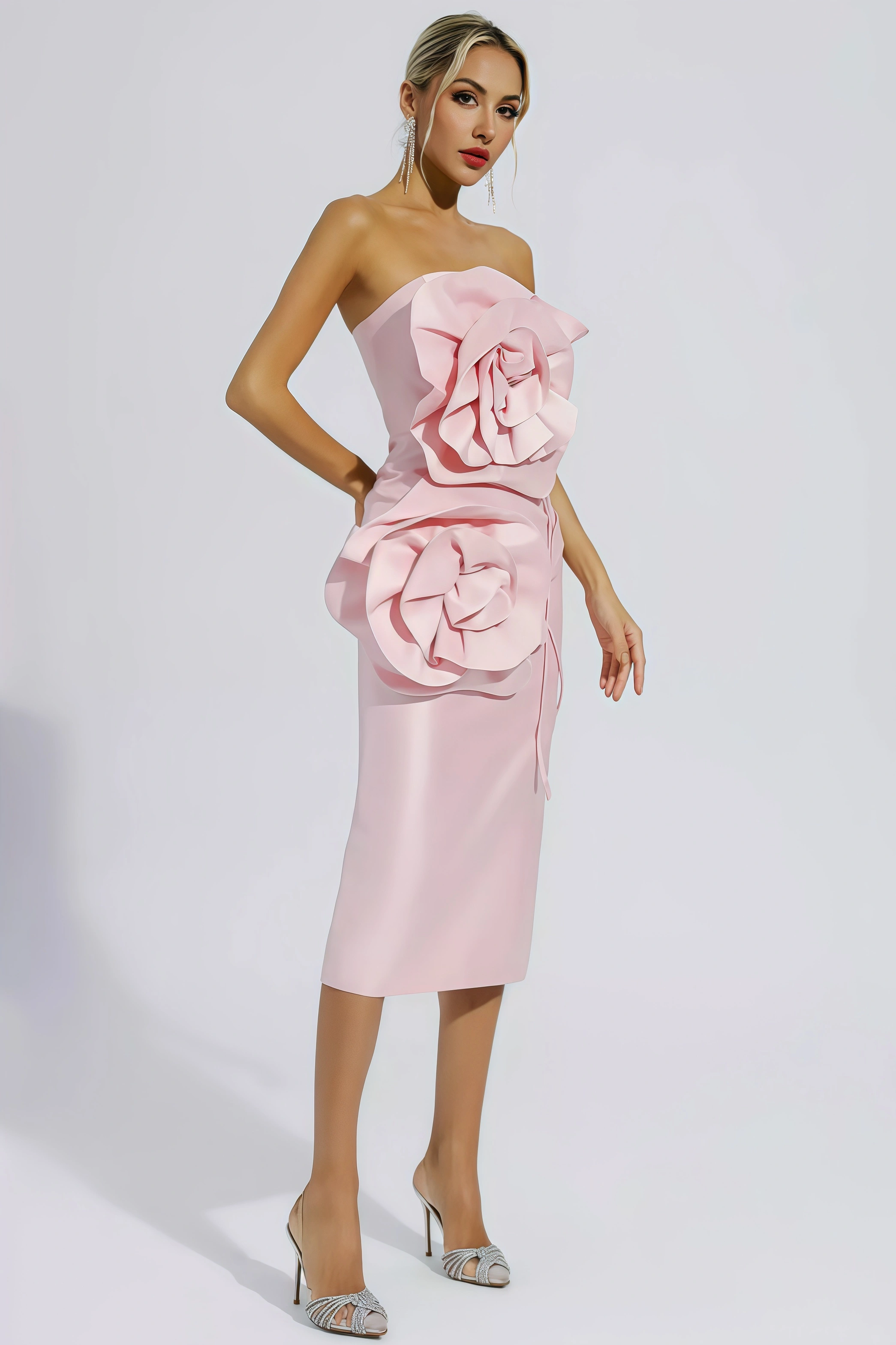 Molia Pink Floral Strapless Midi Dress