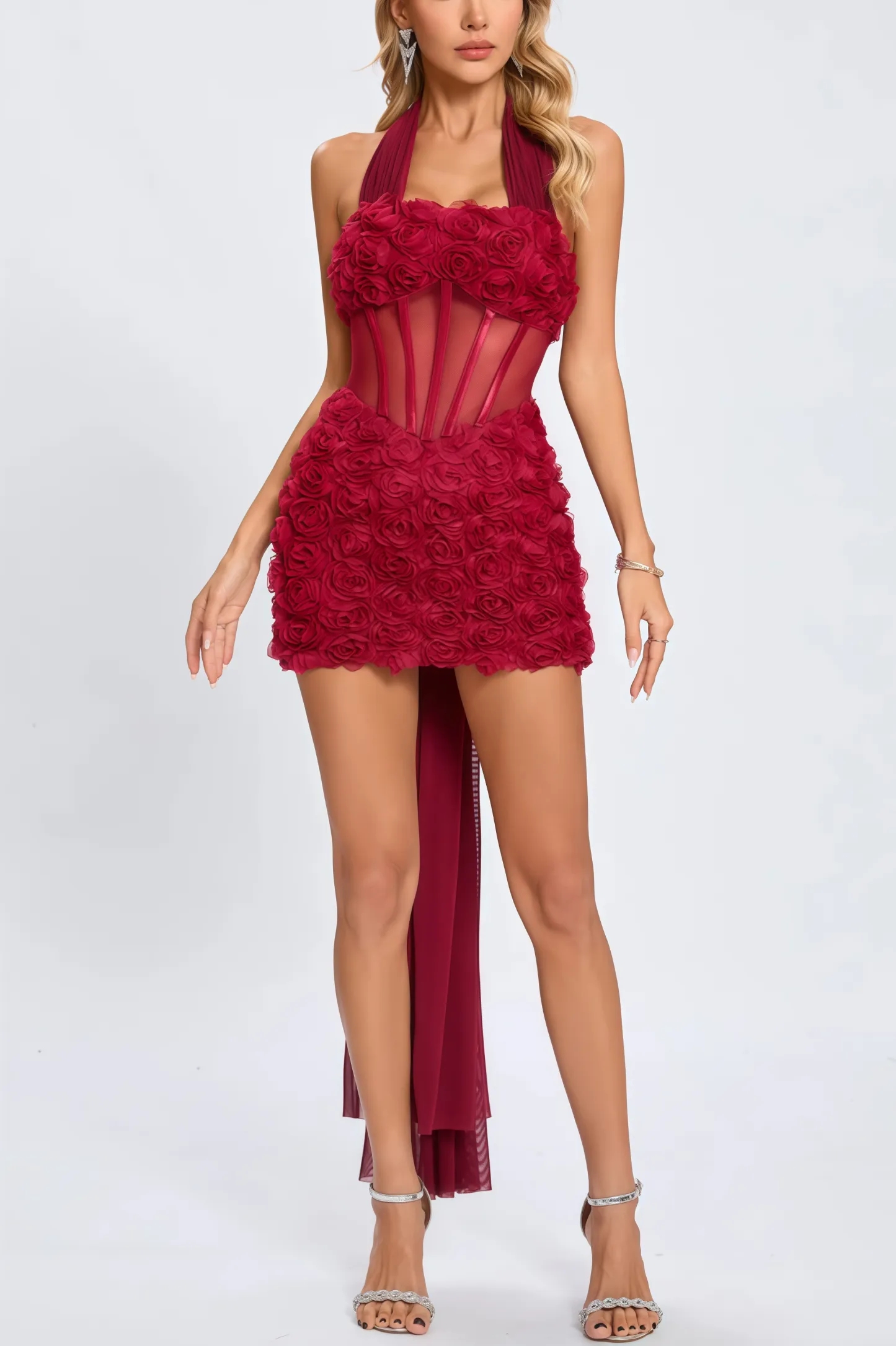 Yuled Halter Corset Floral Side Drape Mini Dress