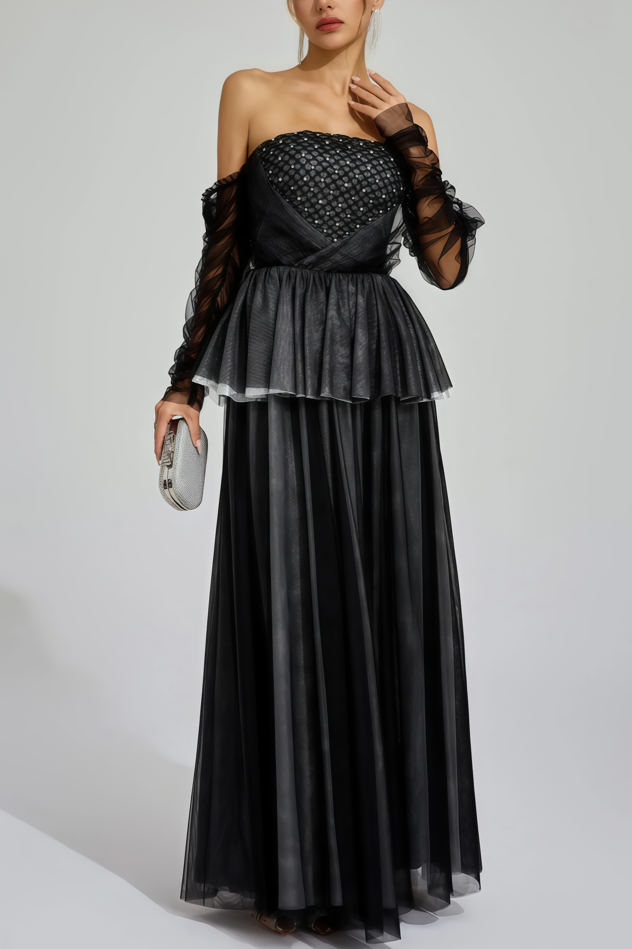 Uxley Black Mesh Off Shoulder Maxi Dress