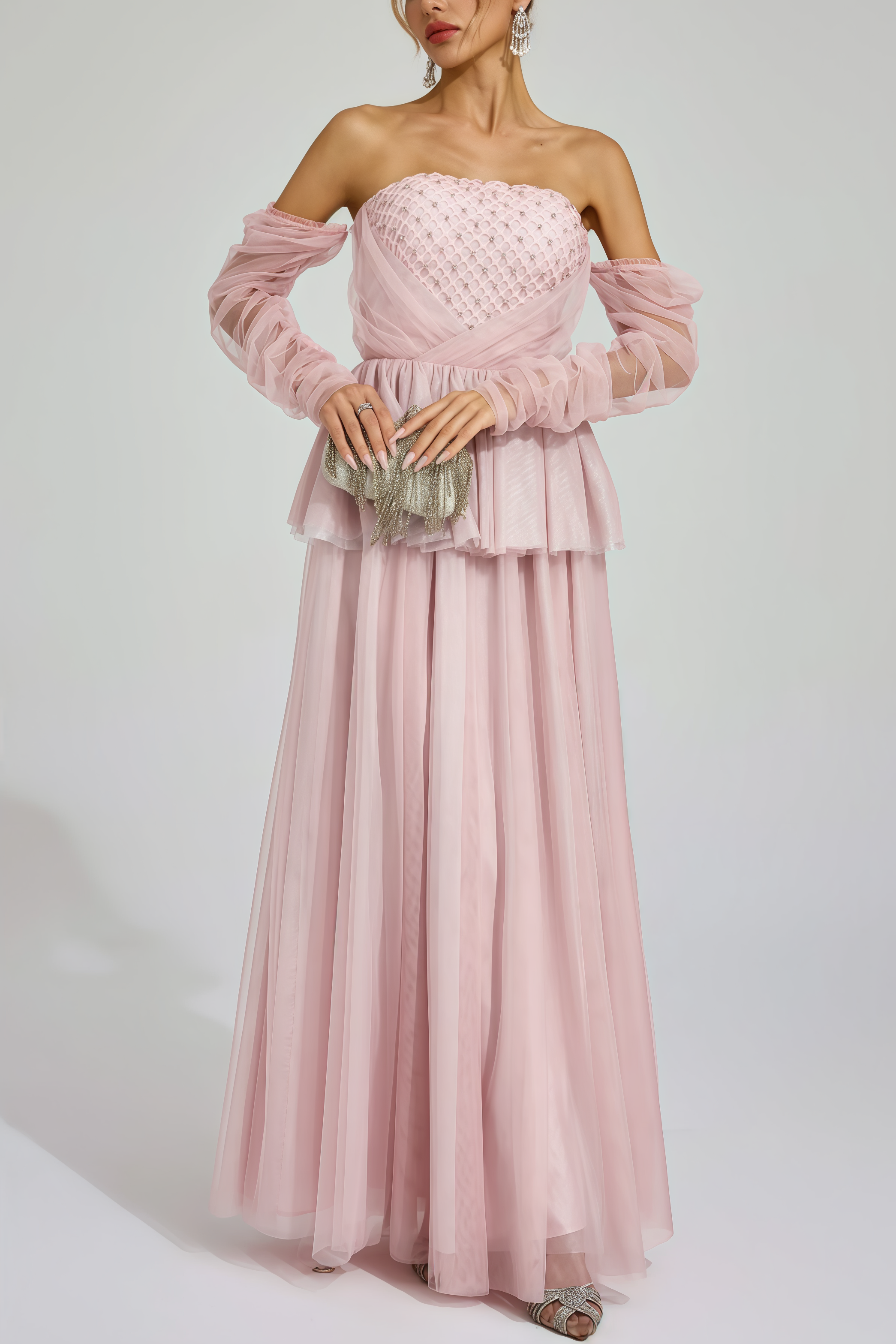 Xedand Pink Mesh Off Shoulder Maxi Dress