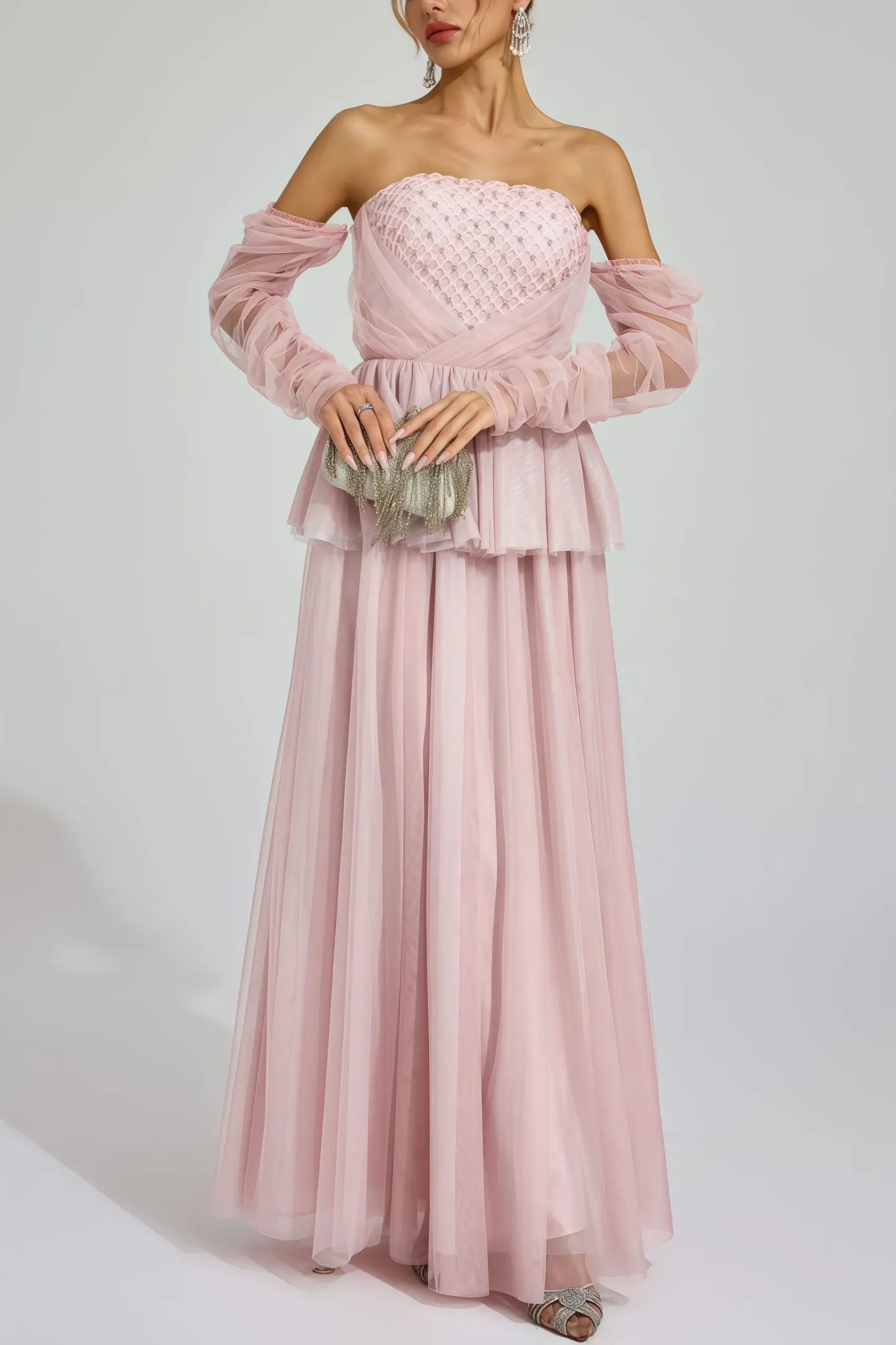 Xedand Pink Mesh Off Shoulder Maxi Dress