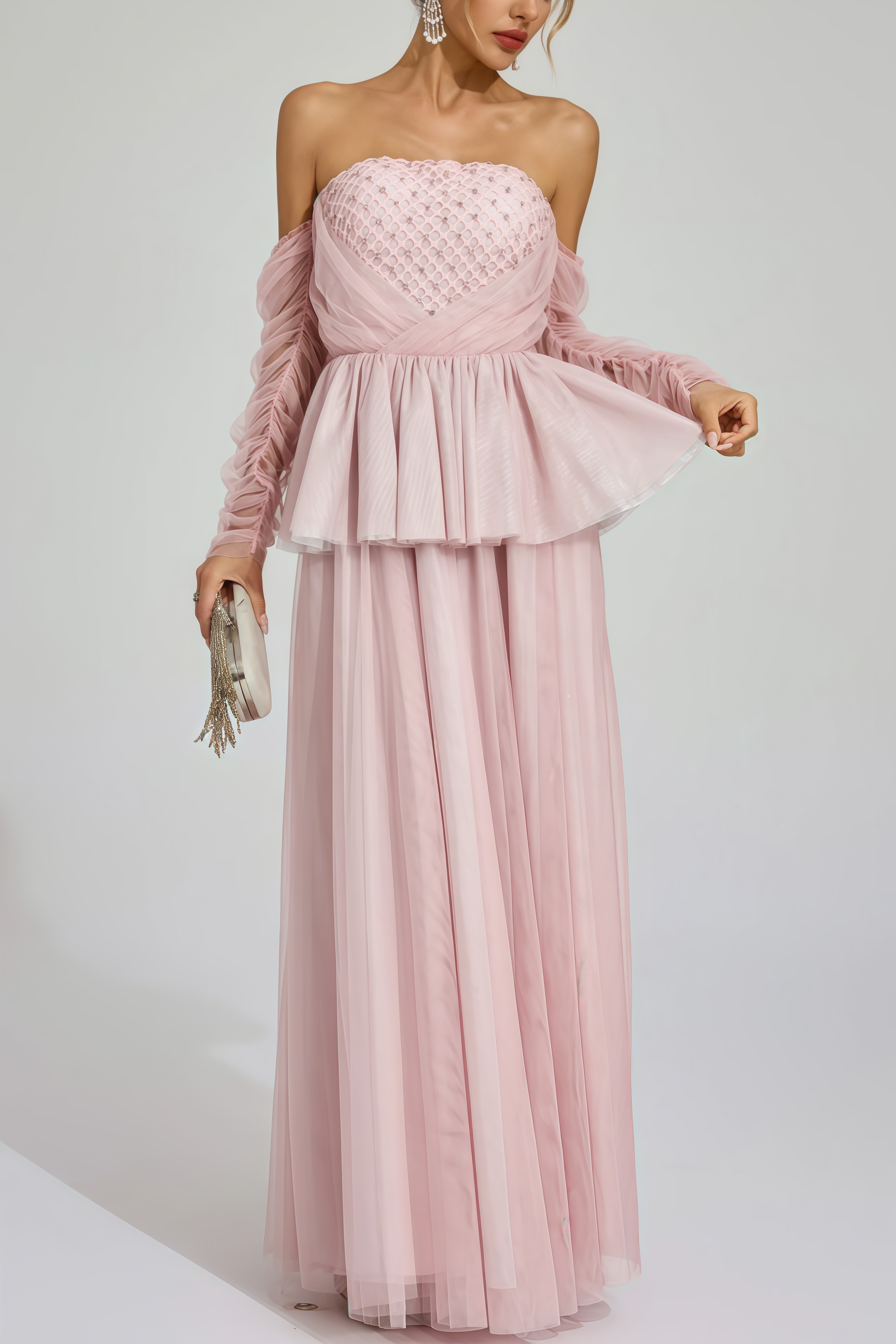Xedand Pink Mesh Off Shoulder Maxi Dress