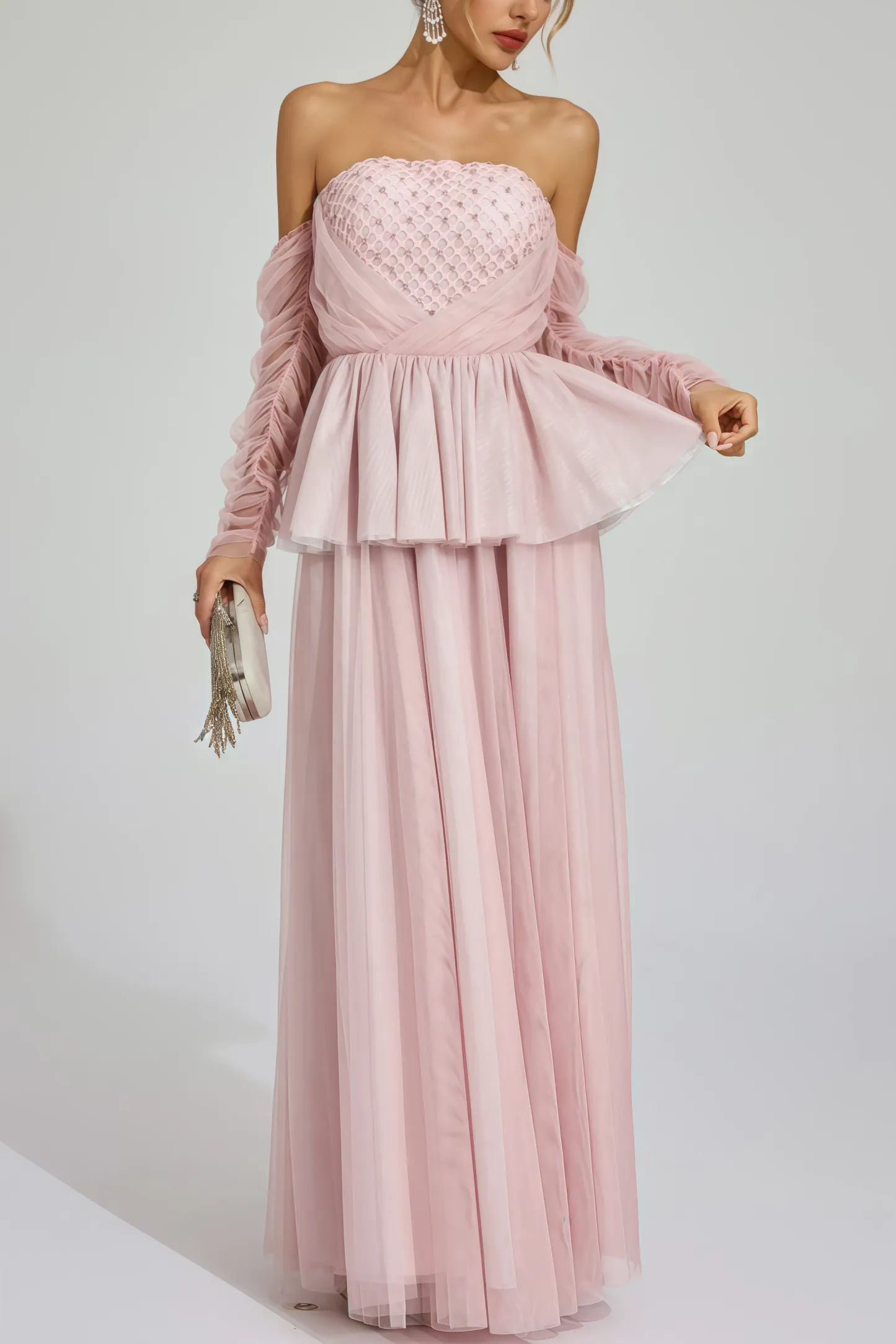 Xedand Pink Mesh Off Shoulder Maxi Dress