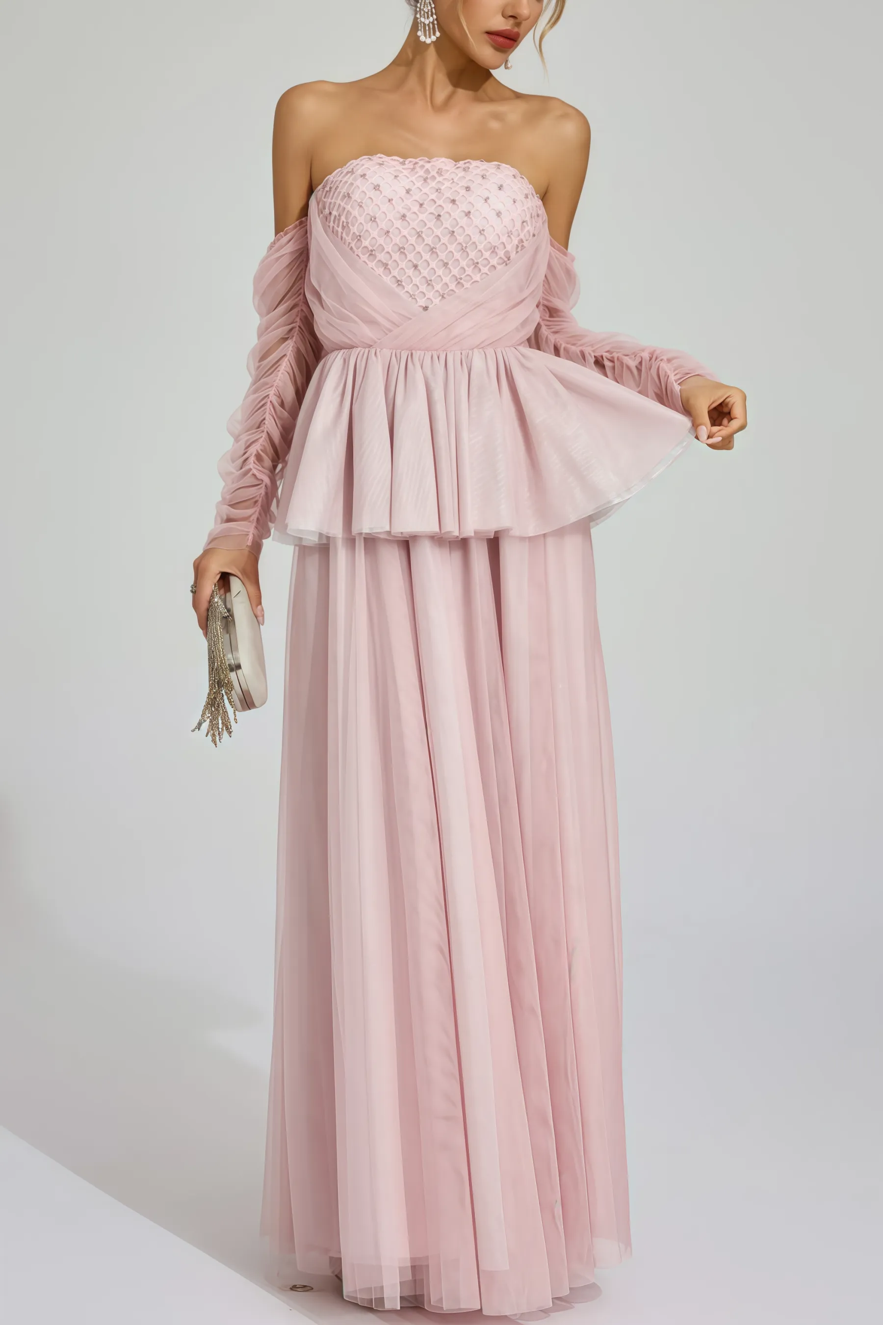 Xedand Pink Mesh Off Shoulder Maxi Dress
