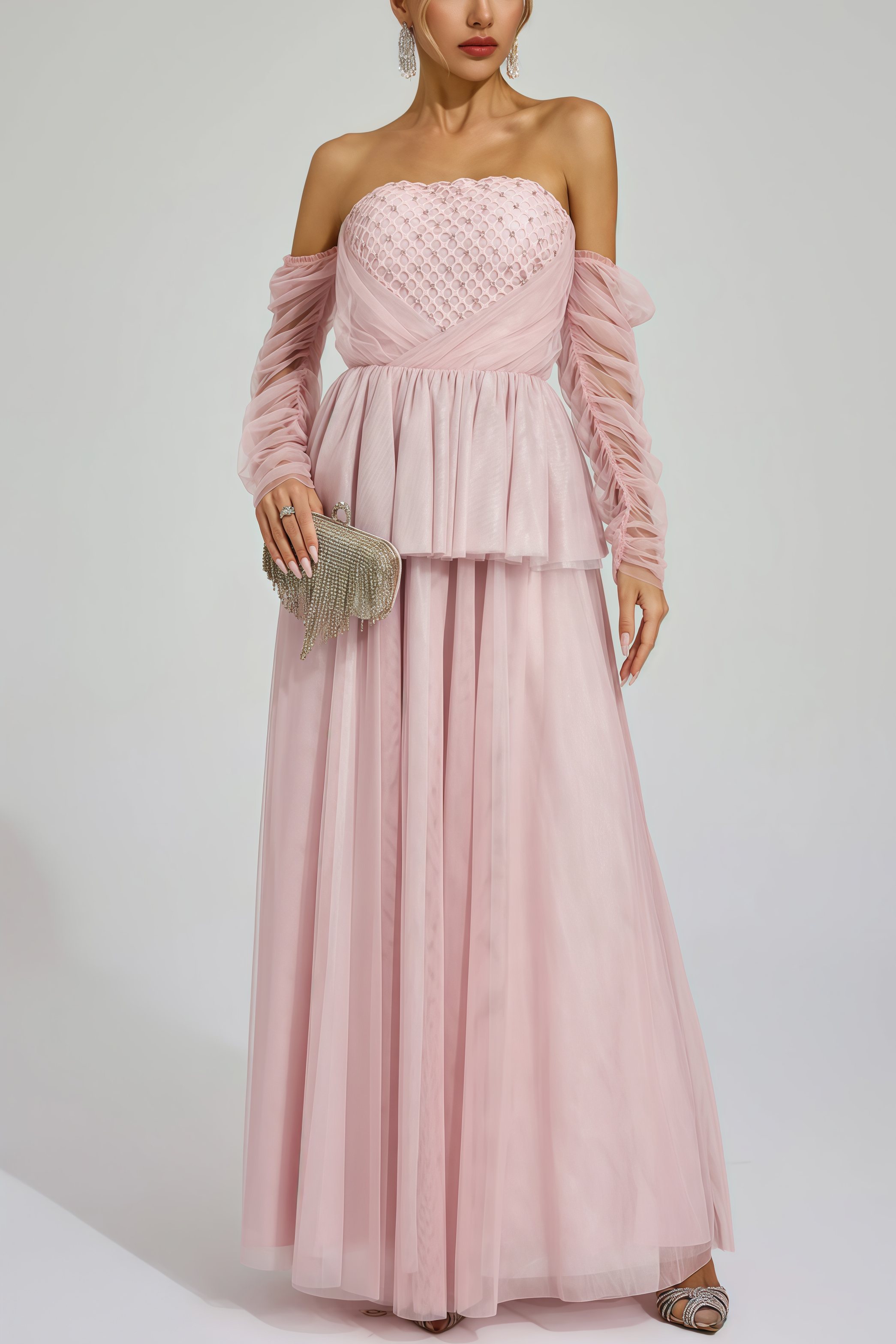 Xedand Pink Mesh Off Shoulder Maxi Dress