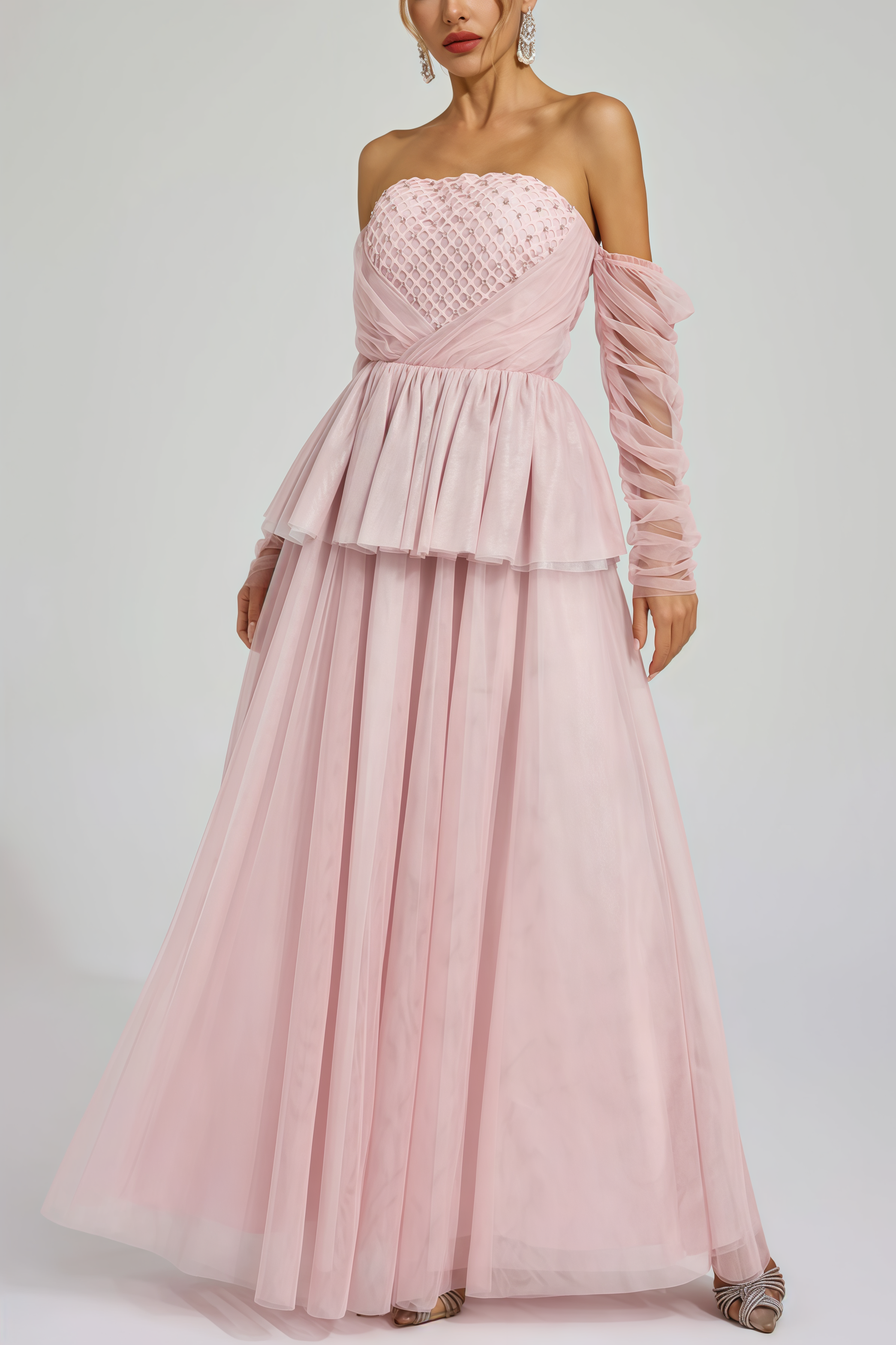 Xedand Pink Mesh Off Shoulder Maxi Dress