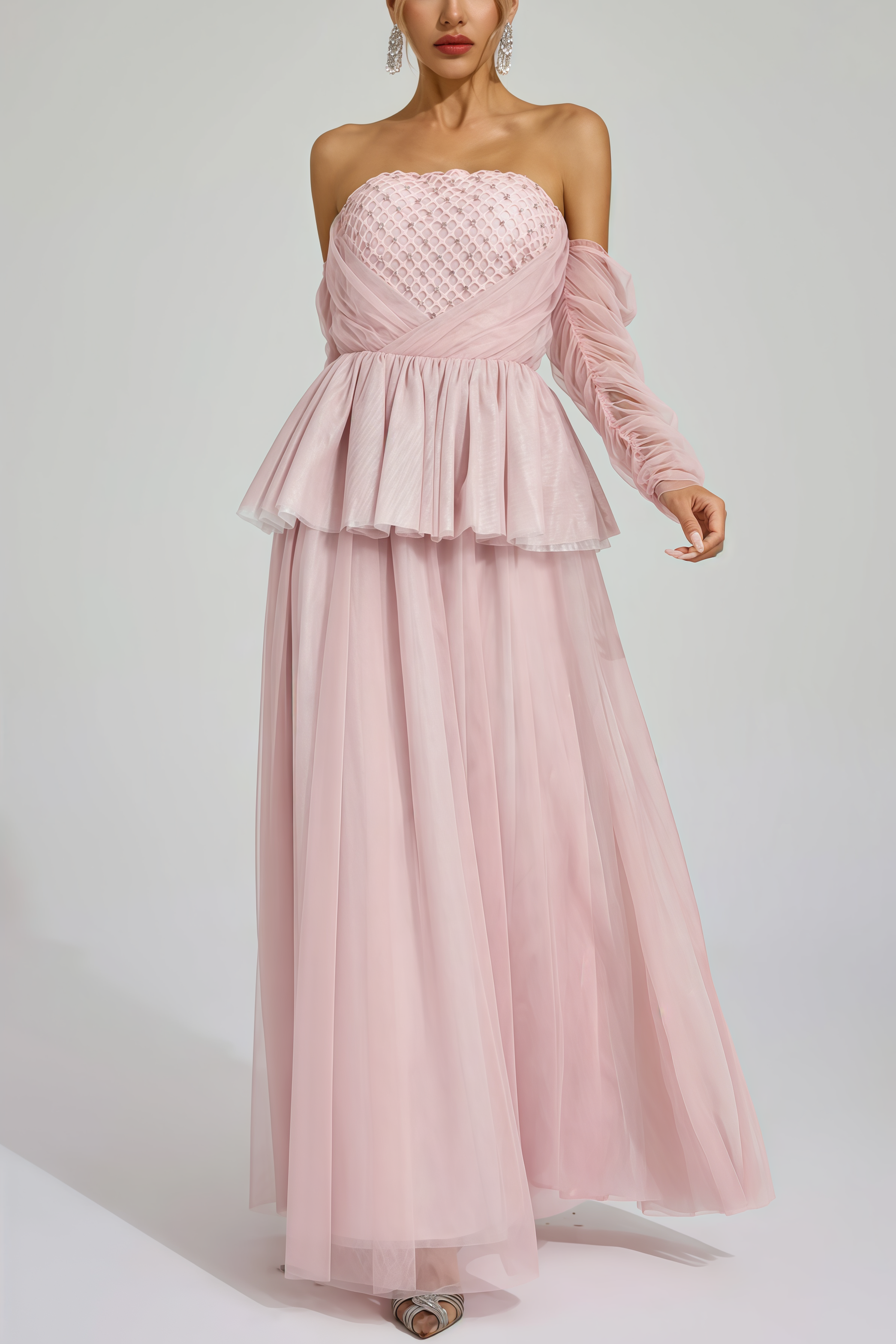 Xedand Pink Mesh Off Shoulder Maxi Dress