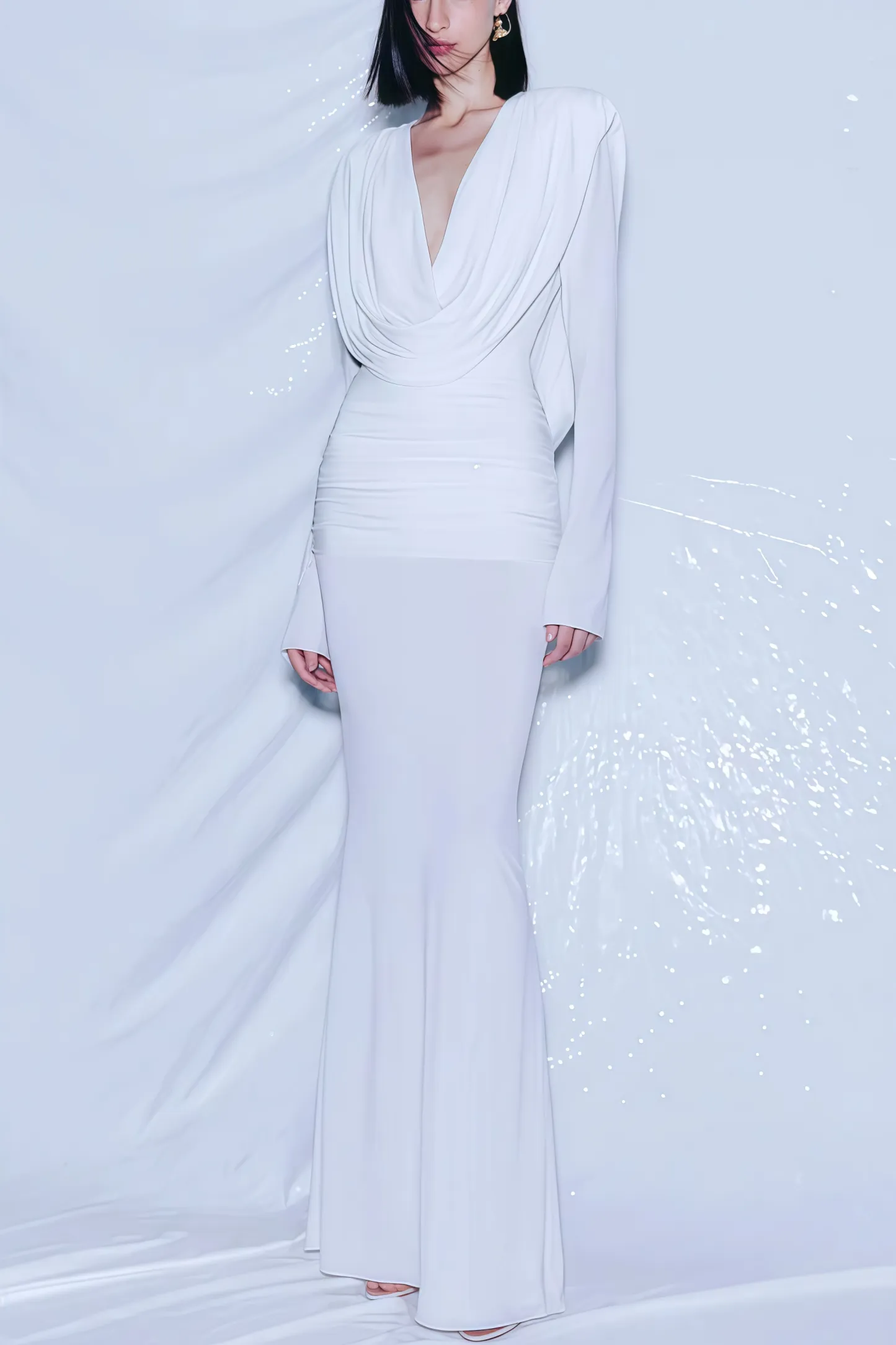 Ives Long Sleeve Draped V-Neck Maxi Dress