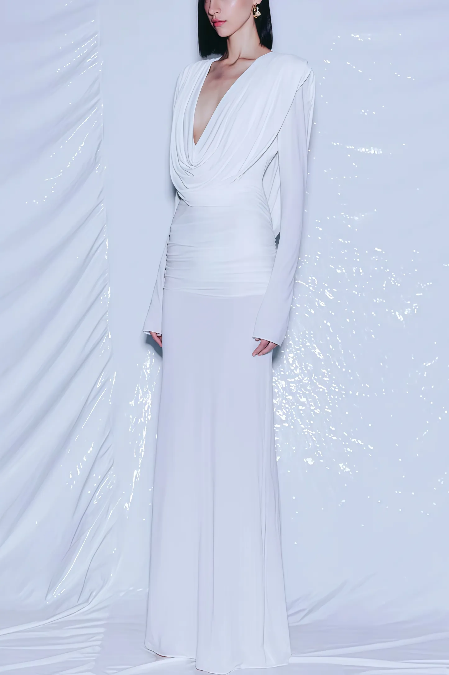 Ives Long Sleeve Draped V-Neck Maxi Dress