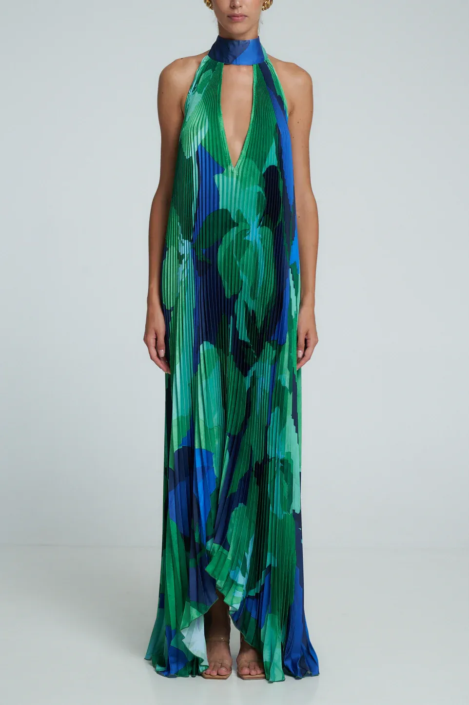 Cami Green Irregularly Pleated Printed Maxi Dress