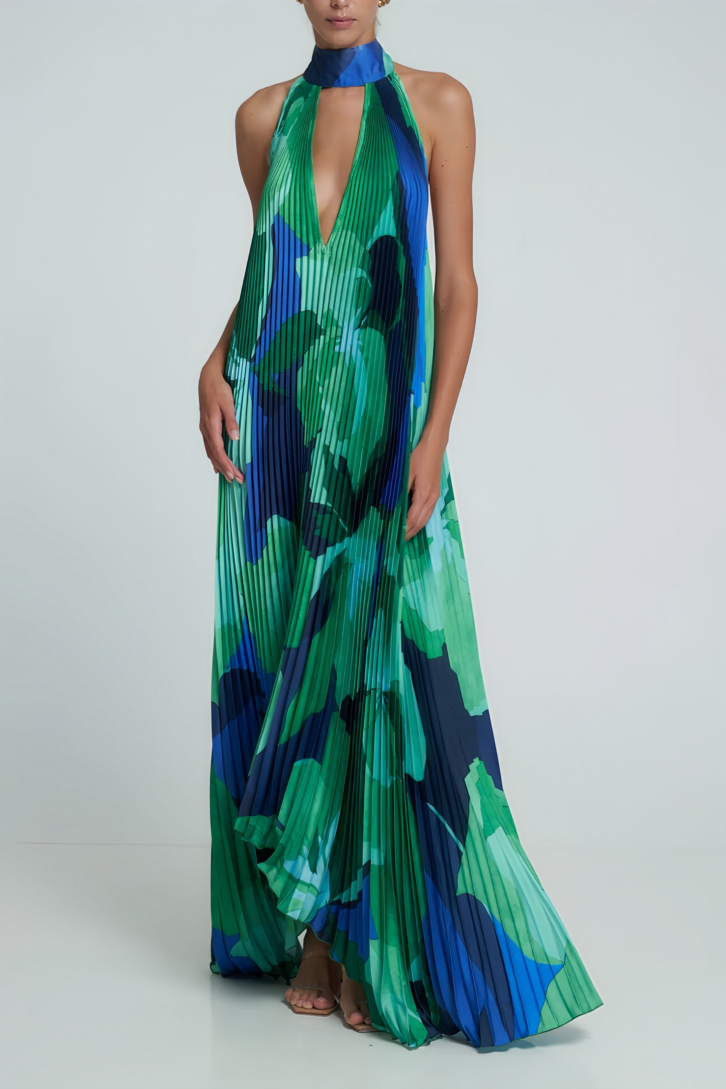 Cami Green Irregularly Pleated Printed Maxi Dress
