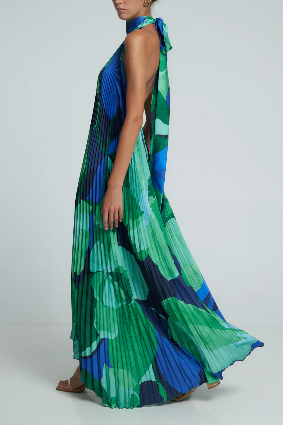 Cami Green Irregularly Pleated Printed Maxi Dress