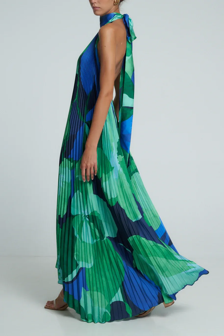 Cami Green Irregularly Pleated Printed Maxi Dress
